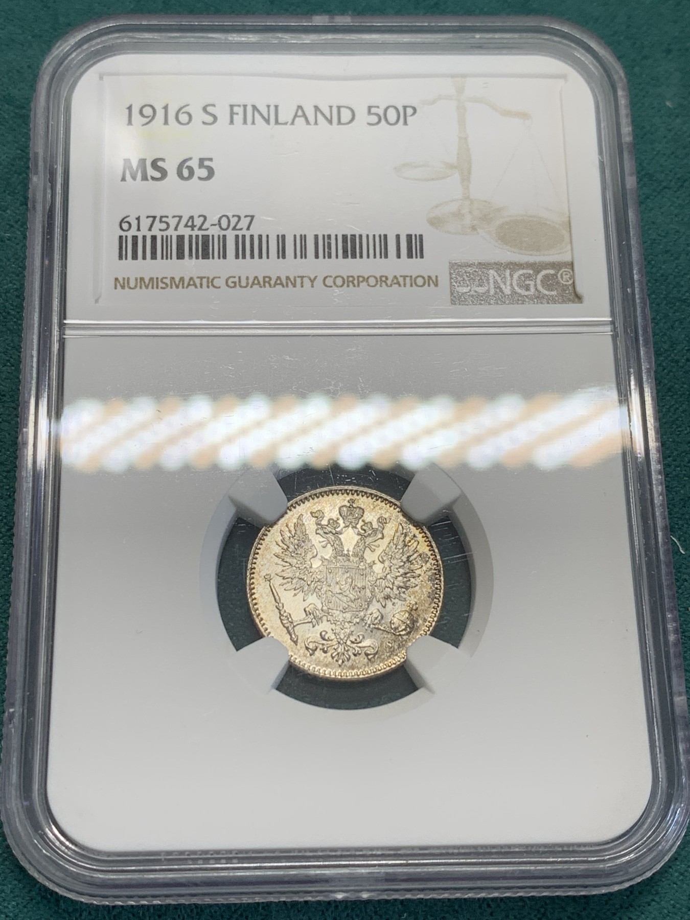 欢迎参加《竞宝斋》为国而庆 老张自藏专场 ，定制纪念章相赠 NGC-MS65 俄属芬兰 1916 尼古拉二世、克伦斯基临时政府 50P银币 靓