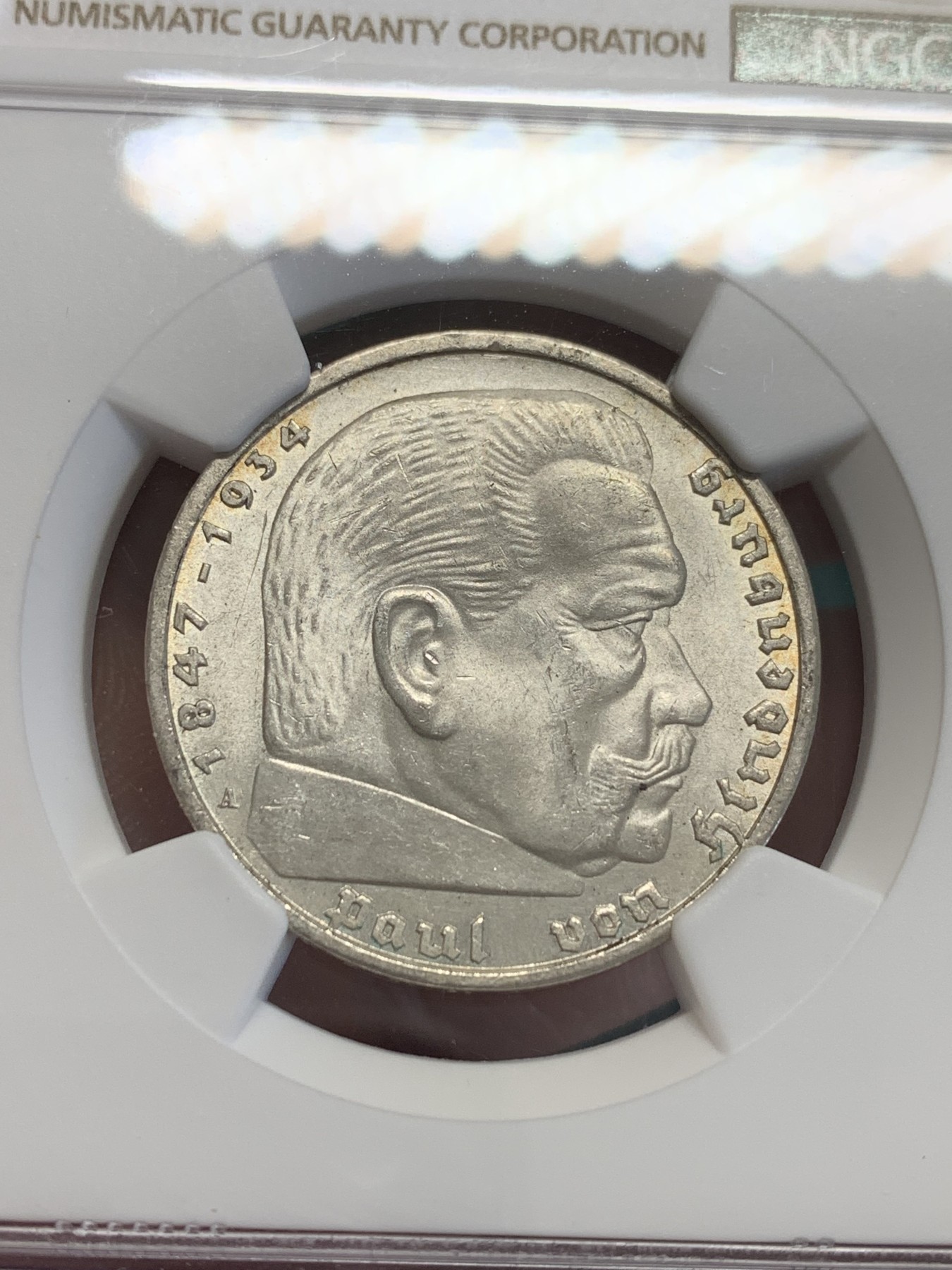 欢迎参加《竞宝斋》为国而庆 老张自藏专场 ，定制纪念章相赠 NGC MS63 德国 1936 兴登堡 5马克银币 转光 状态好