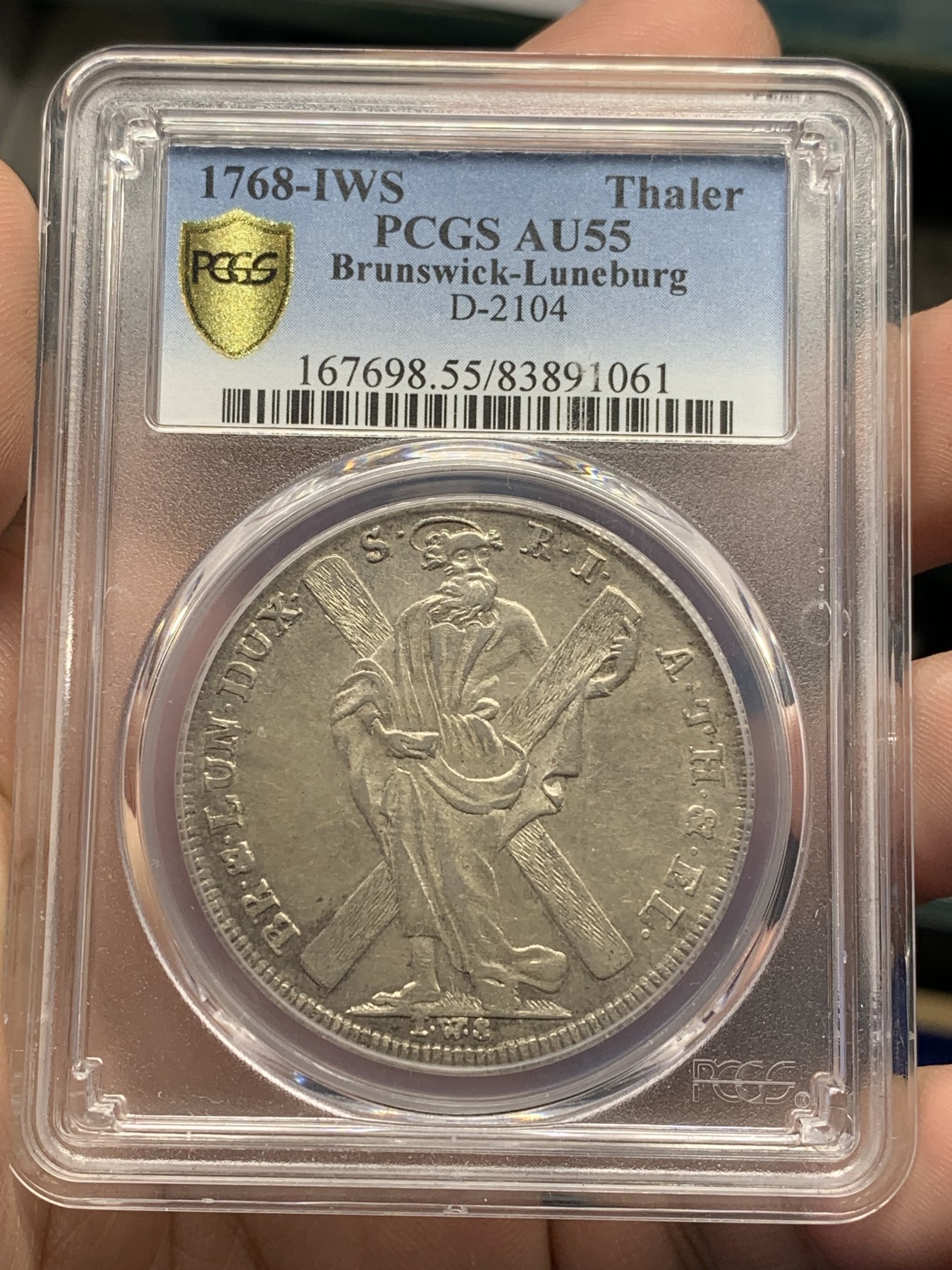 欢迎参加《竞宝斋》为国而庆 老张自藏专场 ，定制纪念章相赠 PCGS AU55 德国 布伦瑞克 1768年 泰勒银币 深打细节 人物鼻尖没有磨损