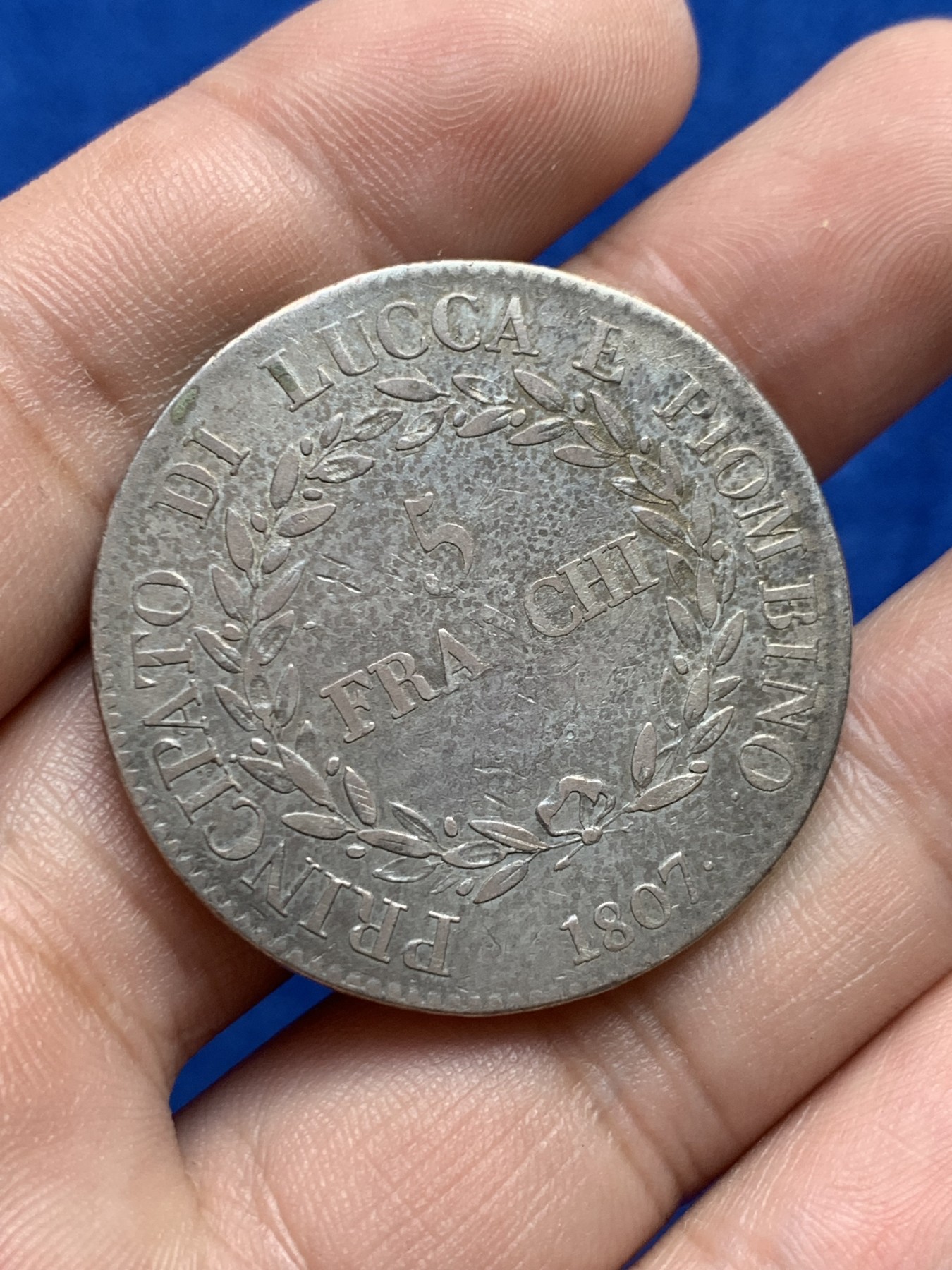 欢迎参加《竞宝斋》为国而庆 老张自藏专场 ，定制纪念章相赠 意大利卢卡1807年 埃莉萨波拿巴 5法郎大银币 传世老包浆 少见品种 非常漂亮