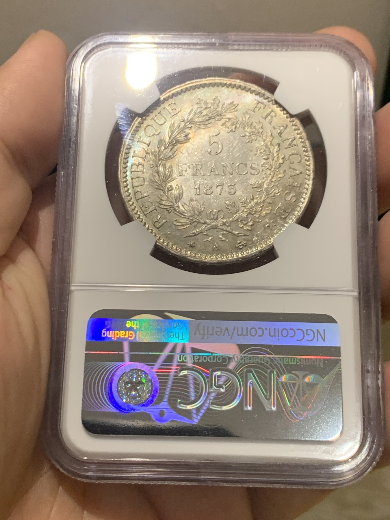 欢迎参加《竞宝斋》为国而庆 老张自藏专场 ，定制纪念章相赠 NGC MS62 法国 1873年 大力神5法郎银币 转光一流 62分中的战斗机