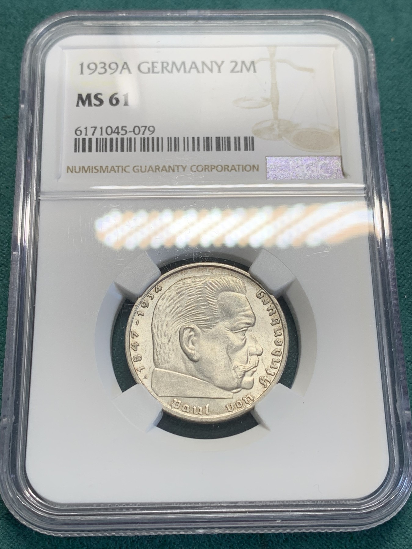 欢迎参加《竞宝斋》为国而庆 老张自藏专场 ，定制纪念章相赠 NGC MS61 德国 1939年 兴登堡 2马克银币