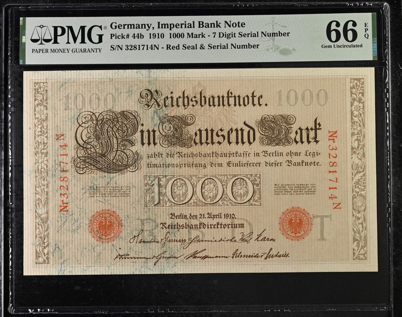 收藏联盟Quantum Auction 第294期拍卖 巴哈马彩背女王珍品 德国1910年1000马克 PMG66  7 Digit Serial Number 大票幅 粗纹布纸张