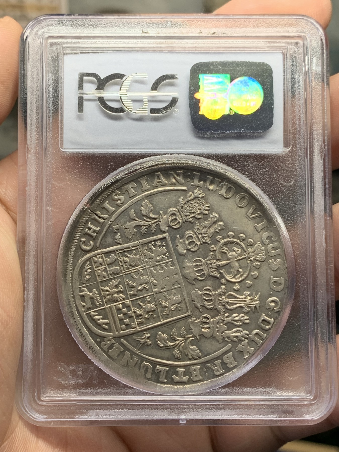 欢迎参加《竞宝斋》为国而庆 老张自藏专场 ，定制纪念章相赠 PCGS AU55 德国 布伦瑞克 1659年 飞马泰勒 早期大马 胖嘟嘟的 马脸无磨损 全深打 底光也漂亮