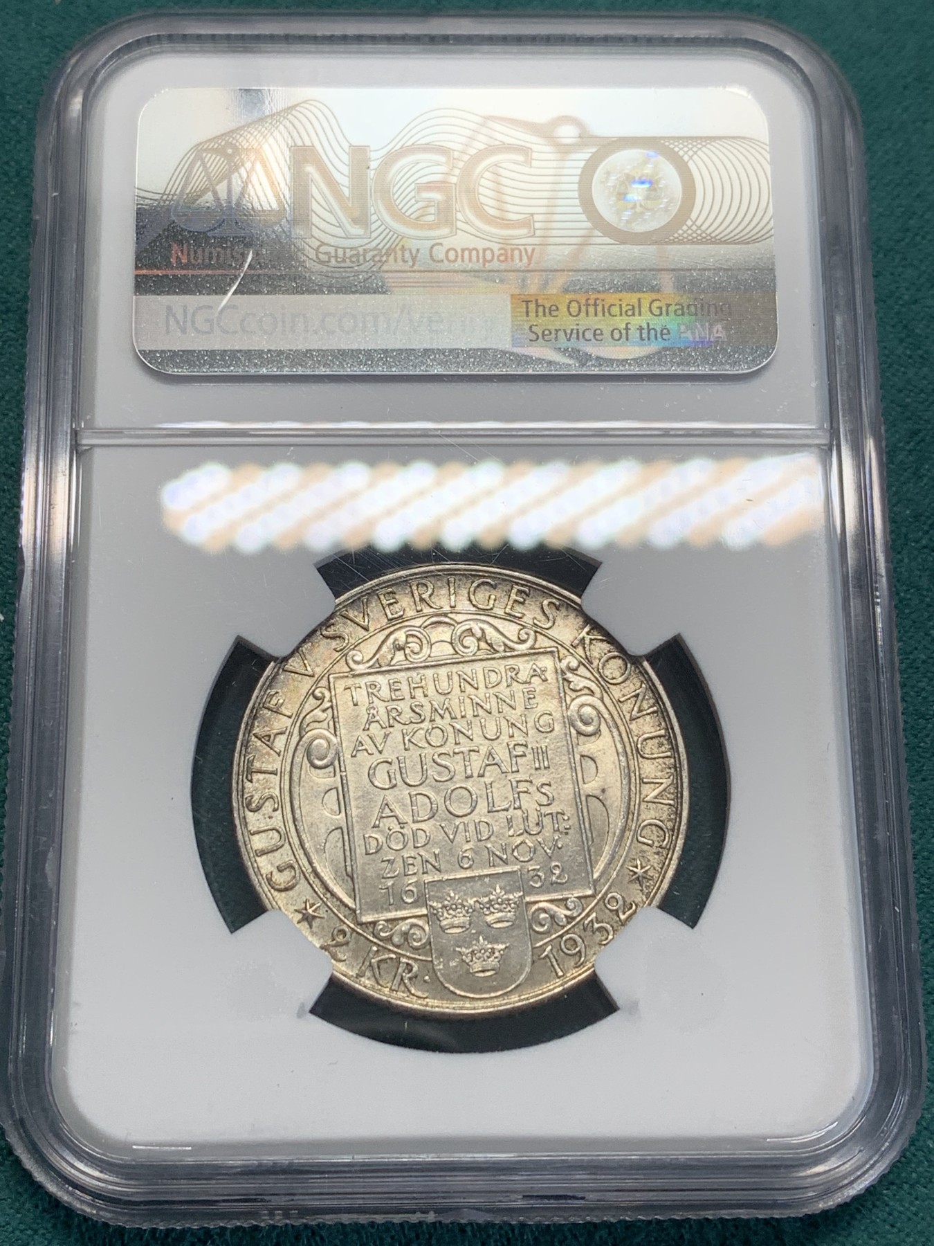 欢迎参加《竞宝斋》为国而庆 老张自藏专场 ，定制纪念章相赠 NGC MS63 瑞典 1932 古斯塔夫二世 300周年纪念 2克朗银币 林德伯格 雕刻作品，他同样是诺贝尔奖章的雕刻师