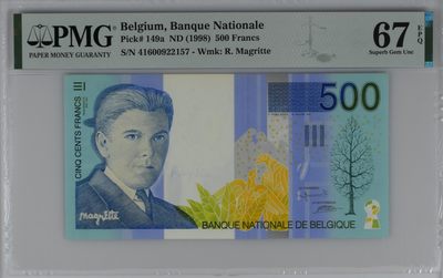 乐淘淘纸币粉丝返利场 第22期 本店粉丝每张纸币返利五元！ - 【41600922157】比利时1998年纸币 500法郎 PMG67EPQ