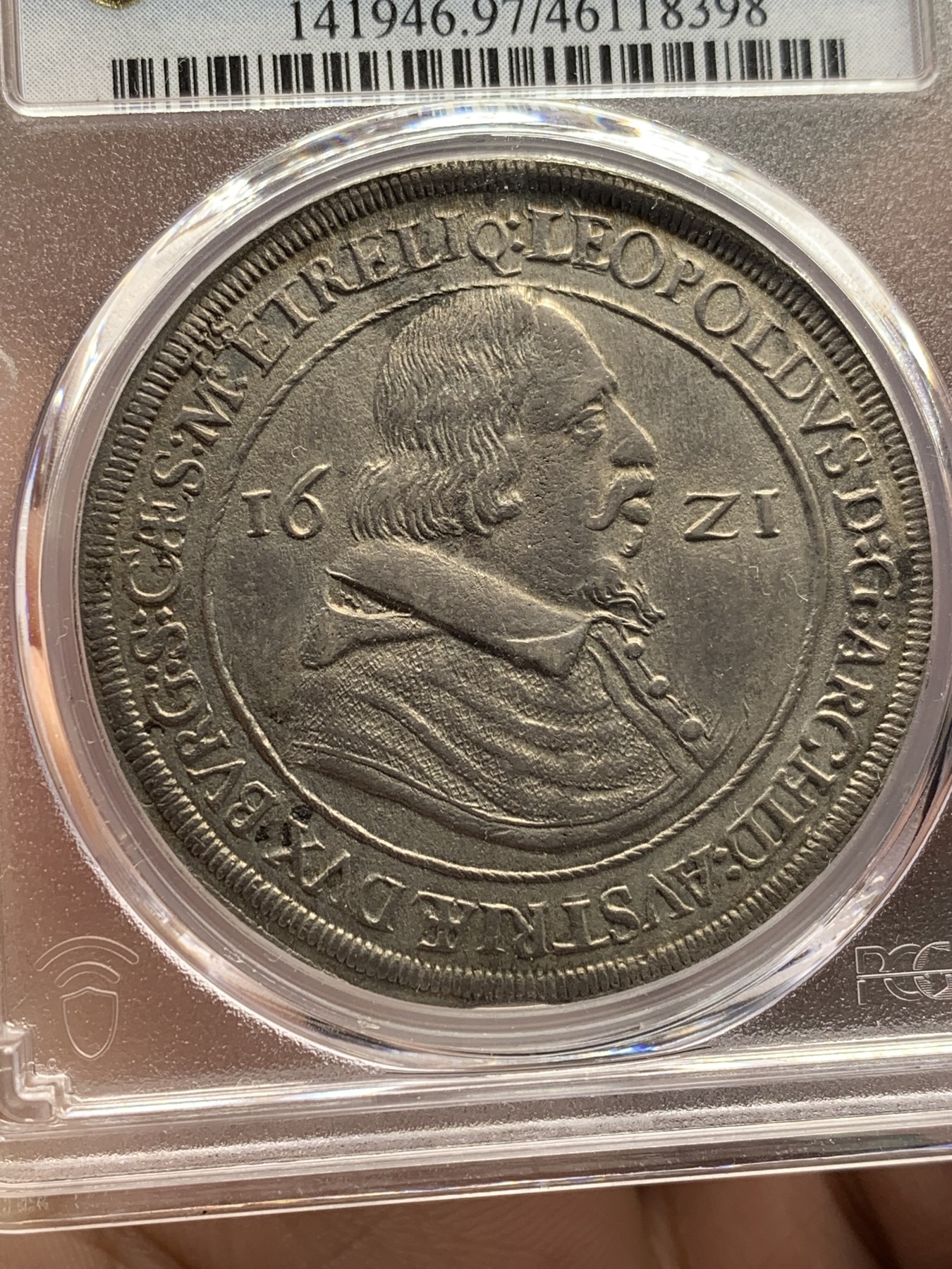 欢迎参加《竞宝斋》为国而庆 老张自藏专场 ，定制纪念章相赠 PCGS AU 神圣罗马帝国 奥地利 1621 利奥波德 泰勒大银币 双面深打 包浆币没给分也理解了 毕竟400年了