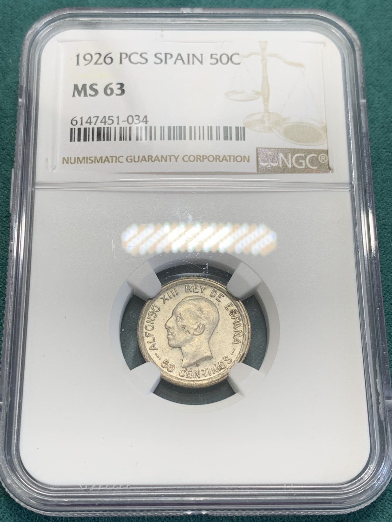 欢迎参加《竞宝斋》为国而庆 老张自藏专场 ，定制纪念章相赠 NGC MS63 西班牙  1926年 阿方索十三世 50分银币