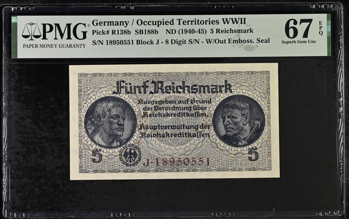 乐淘淘纸币粉丝返利场 第22期 本店粉丝每张纸币返利五元！ 【18950551】德国1940-45年纸币 德占区发行 5马克 无47 PMG67EPQ 唯三冠军分！