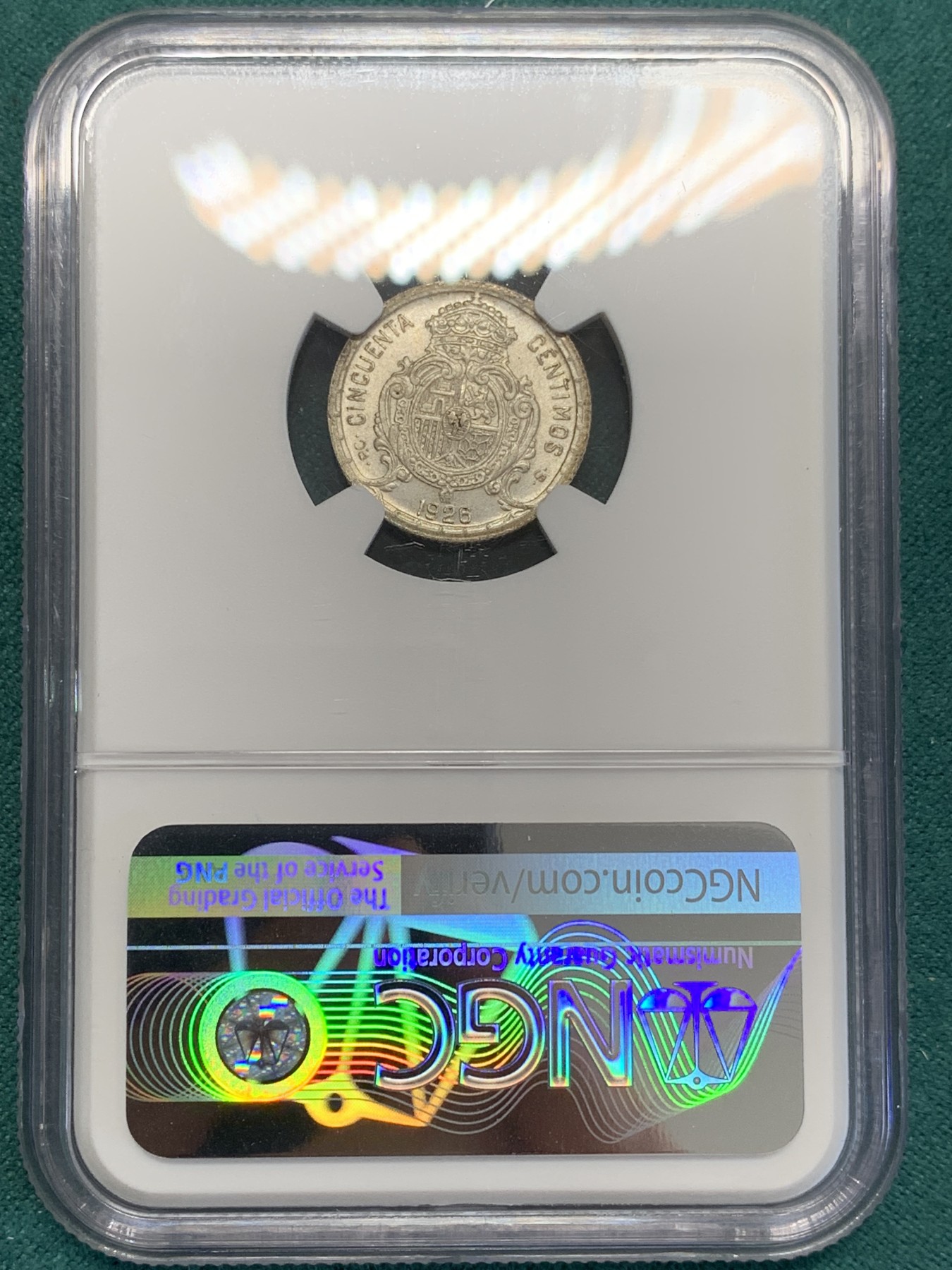 欢迎参加《竞宝斋》为国而庆 老张自藏专场 ，定制纪念章相赠 NGC MS63 西班牙  1926年 阿方索十三世 50分银币