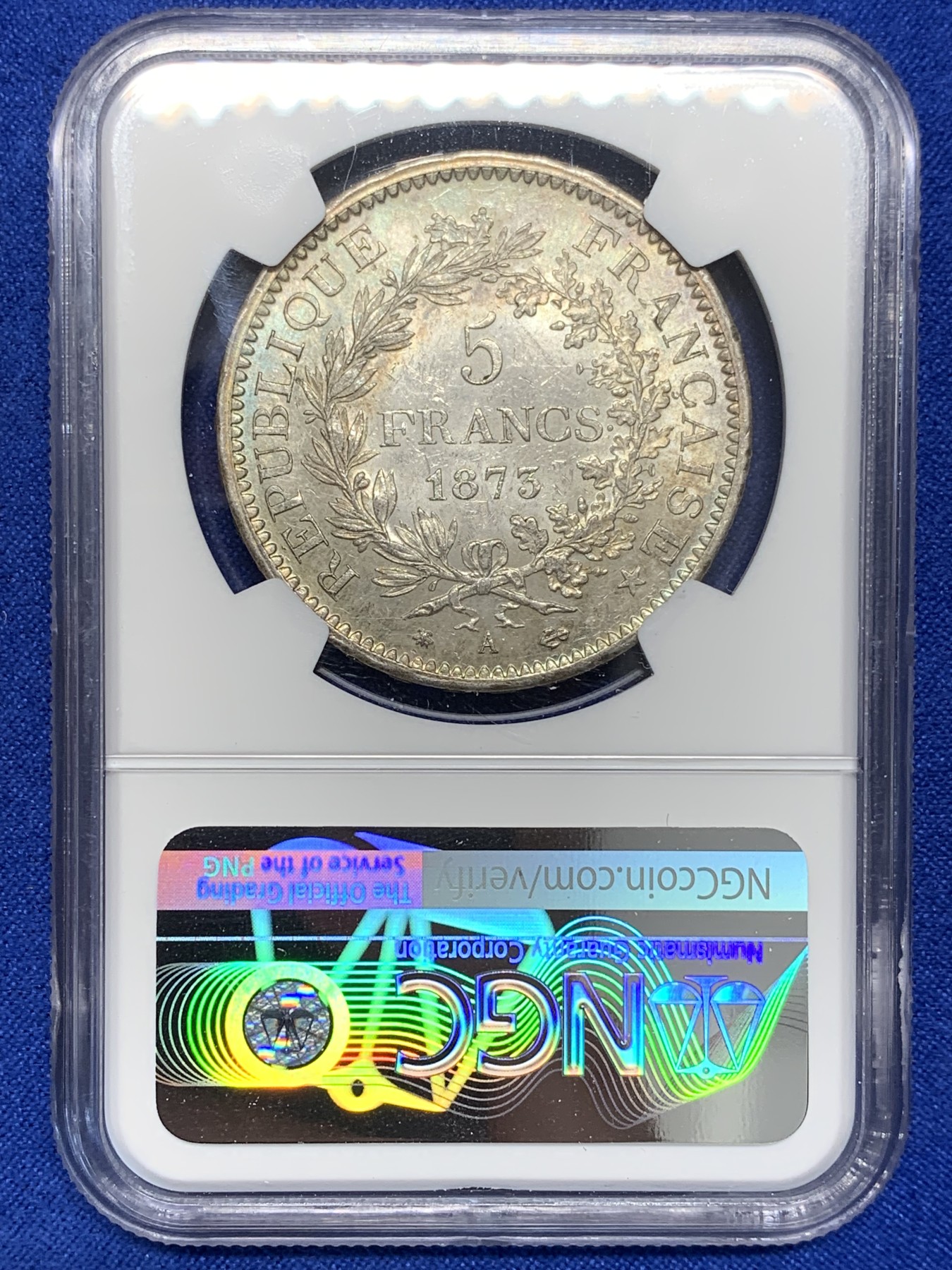 欢迎参加《竞宝斋》为国而庆 老张自藏专场 ，定制纪念章相赠 NGC MS62 法国 1873年 大力神5法郎银币 转光一流 62分中的战斗机