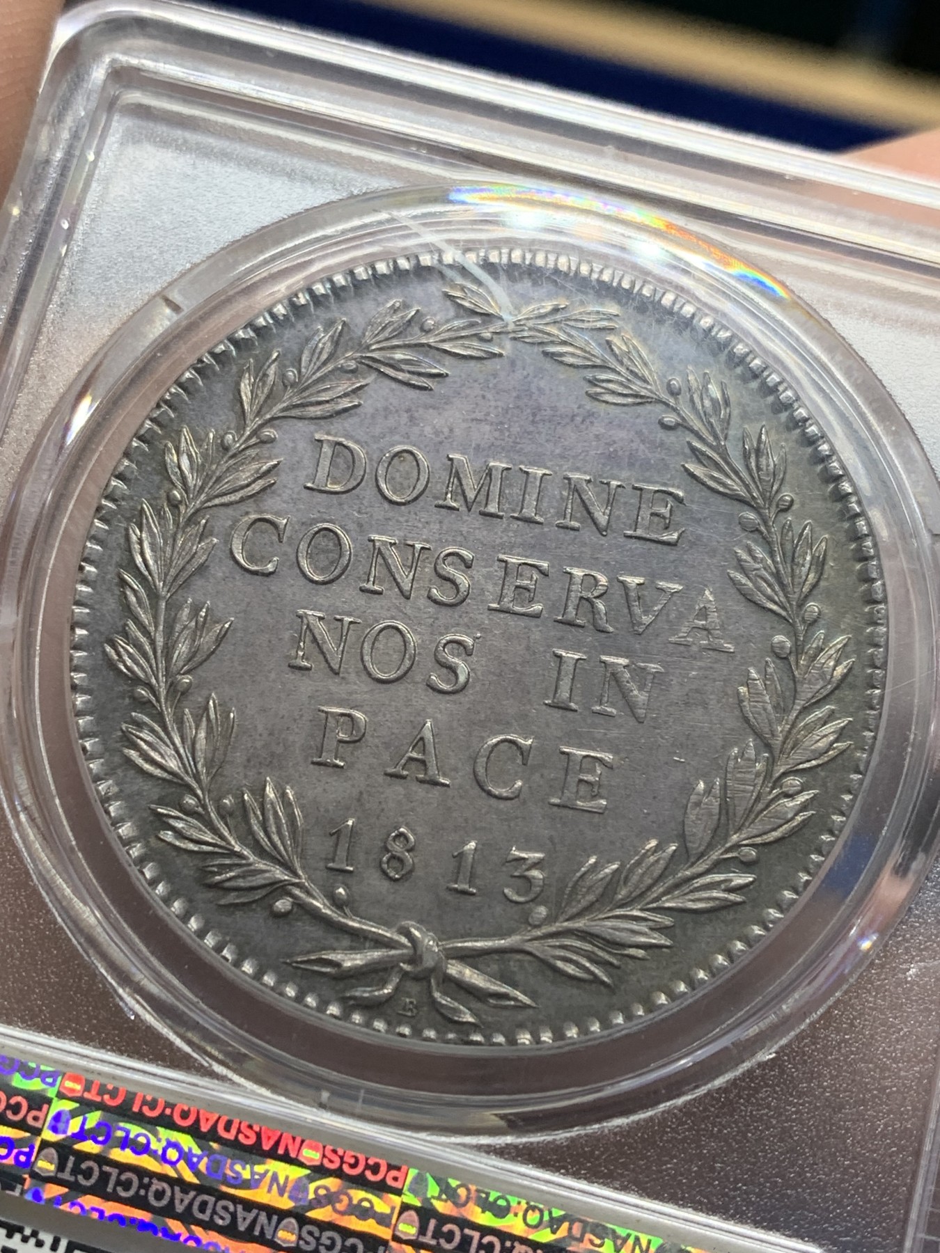 欢迎参加《竞宝斋》为国而庆 老张自藏专场 ，定制纪念章相赠 PCGS MS62 瑞士 1813年 苏黎世 40巴增 大银币 双面深彩包浆 状态难得