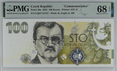 乐淘淘纸币粉丝返利场 第22期 本店粉丝每张纸币返利五元！ - 【EQ07112751】捷克2022年纸币 100克朗 纪念钞 PMG68EPQ 季军分