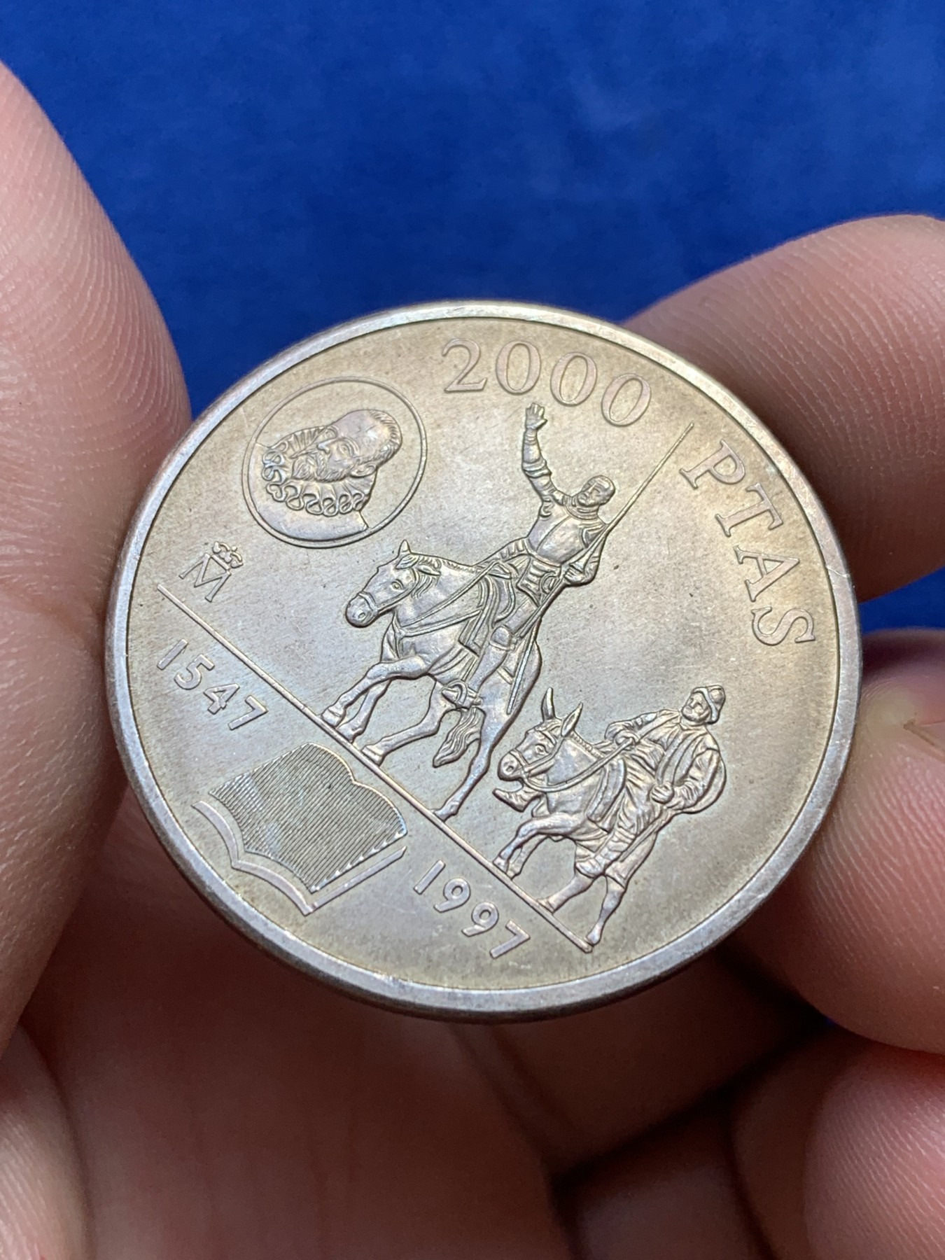 欢迎参加《竞宝斋》为国而庆 老张自藏专场 ，定制纪念章相赠 西班牙 1997年 堂·吉诃德250周年 2000比塞塔 18克 0.925银