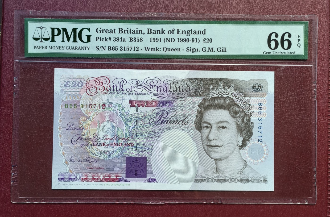 乐淘淘纸币粉丝返利场 第22期 本店粉丝每张纸币返利五元！ 【B65 315712】英国1991年纸币 20镑 女王钞 PMG66EPQ