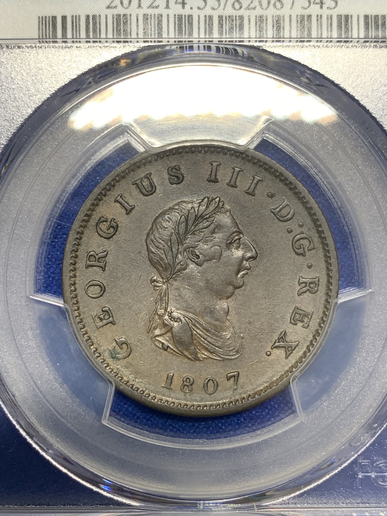 欢迎参加《竞宝斋》为国而庆 老张自藏专场 ，定制纪念章相赠 PCGS AU55 英国1807年乔治三世1/2便士铜币 人物安详精细 包浆好