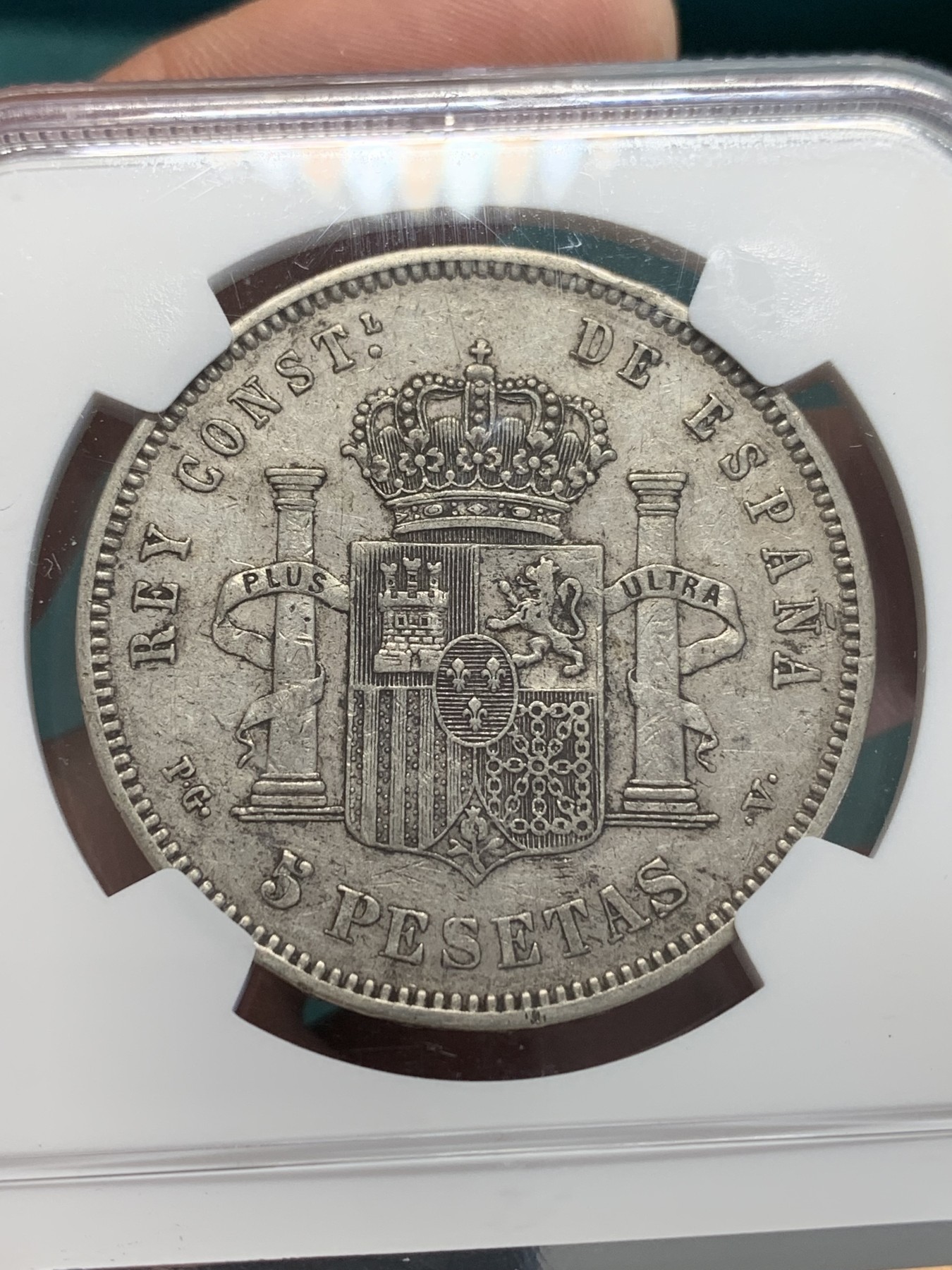 欢迎参加《竞宝斋》为国而庆 老张自藏专场 ，定制纪念章相赠 NGC XF45 西班牙1894年 阿方索十三世 爆炸头5比塞塔 双柱大银币