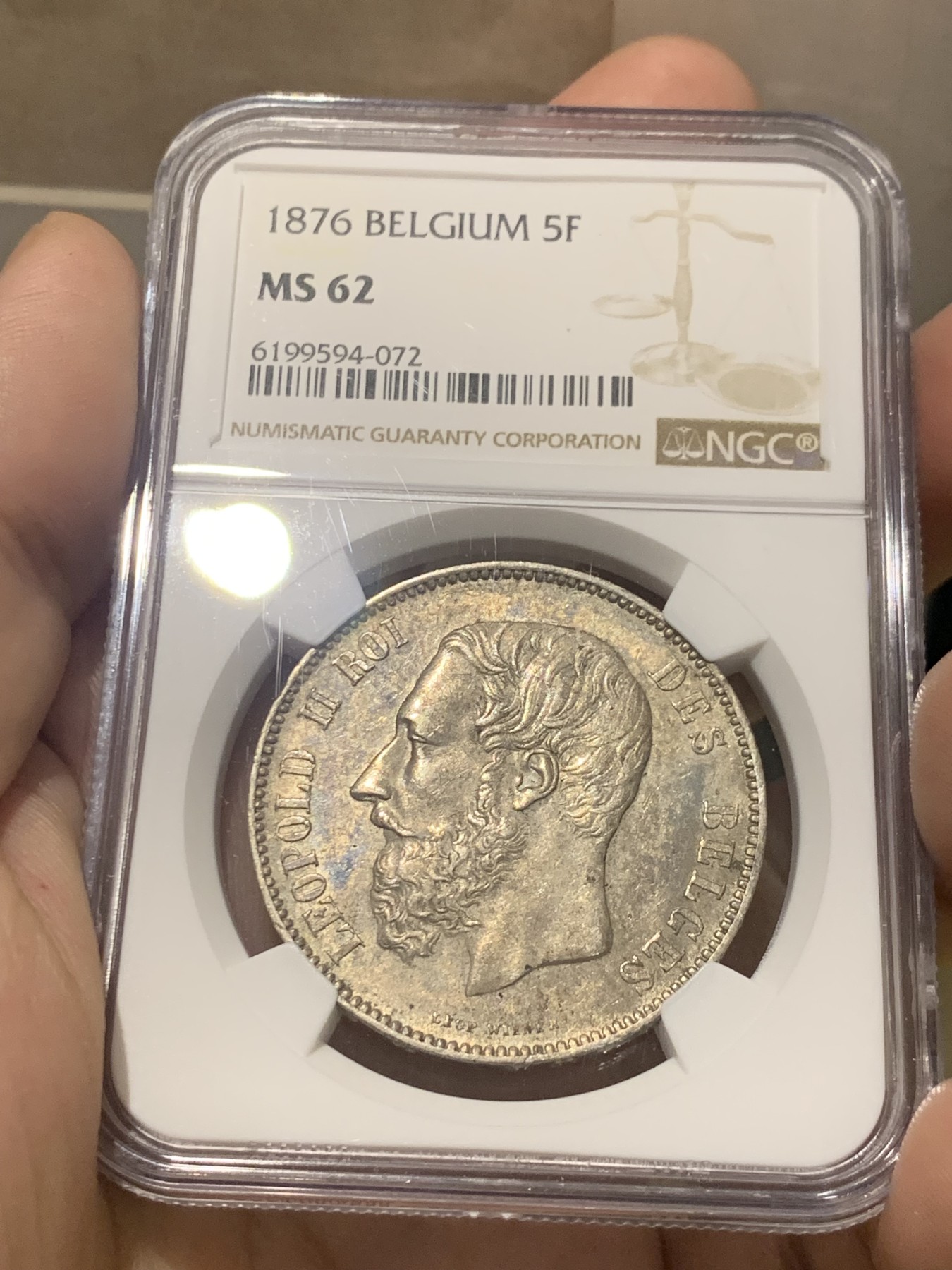 欢迎参加《竞宝斋》为国而庆 老张自藏专场 ，定制纪念章相赠 NGC MS62 比利时 1876年 5法郎银币 不多的年份 原味包浆 难得