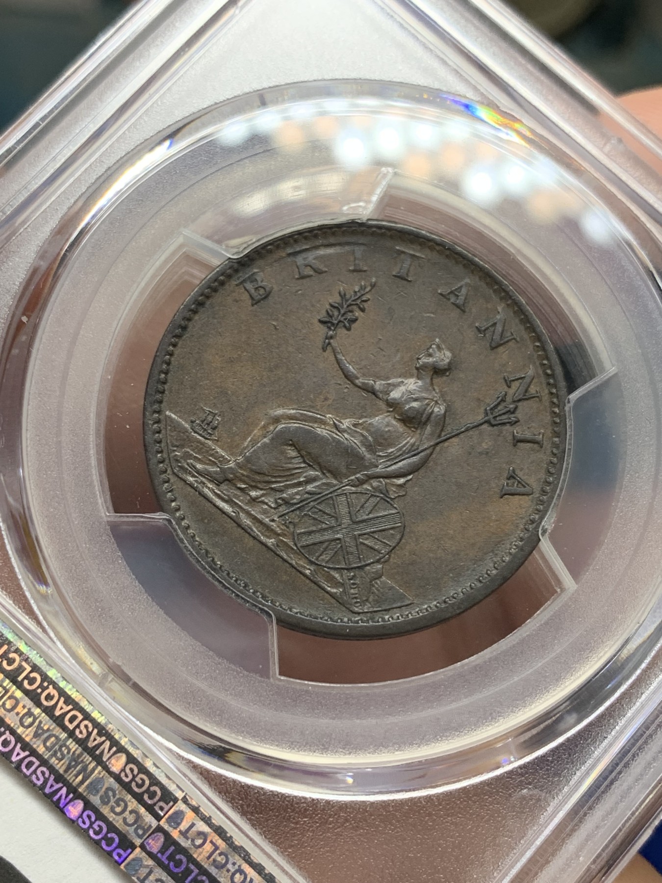 欢迎参加《竞宝斋》为国而庆 老张自藏专场 ，定制纪念章相赠 PCGS AU55 英国1807年乔治三世1/2便士铜币 人物安详精细 包浆好