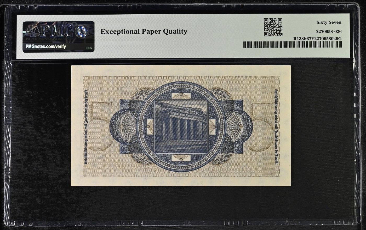 乐淘淘纸币粉丝返利场 第22期 本店粉丝每张纸币返利五元！ 【18950551】德国1940-45年纸币 德占区发行 5马克 无47 PMG67EPQ 唯三冠军分！
