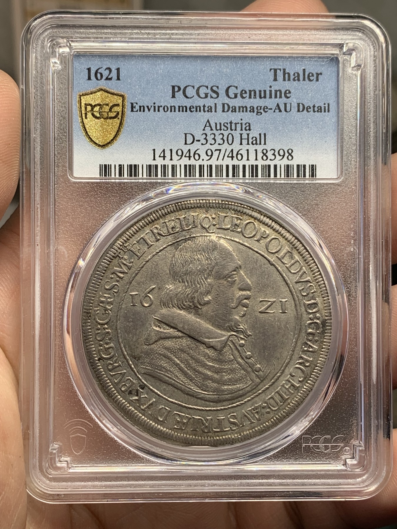 欢迎参加《竞宝斋》为国而庆 老张自藏专场 ，定制纪念章相赠 PCGS AU 神圣罗马帝国 奥地利 1621 利奥波德 泰勒大银币 双面深打 包浆币没给分也理解了 毕竟400年了