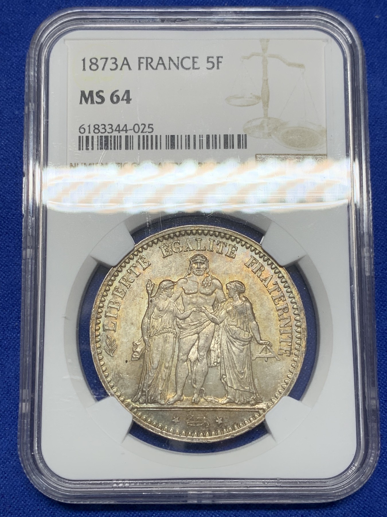 欢迎参加《竞宝斋》为国而庆 老张自藏专场 ，定制纪念章相赠 NGC MS64 法国 1873年 大力神5法郎银币 双面五彩 状态没的说