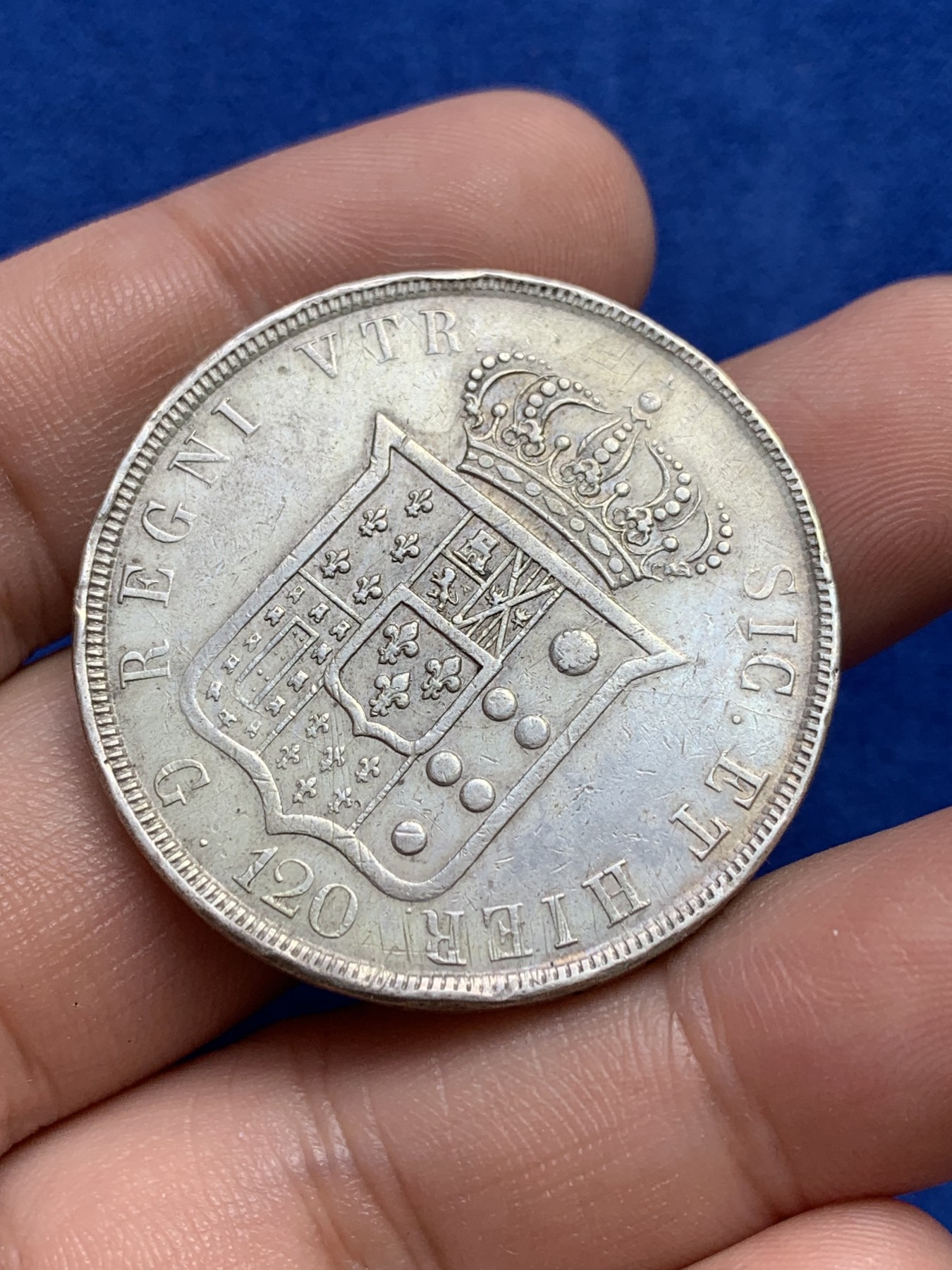 欢迎参加《竞宝斋》为国而庆 老张自藏专场 ，定制纪念章相赠 意大利 那不勒斯 1840年 费迪南二世 120格兰特 原味带底光 减重痕基本没有