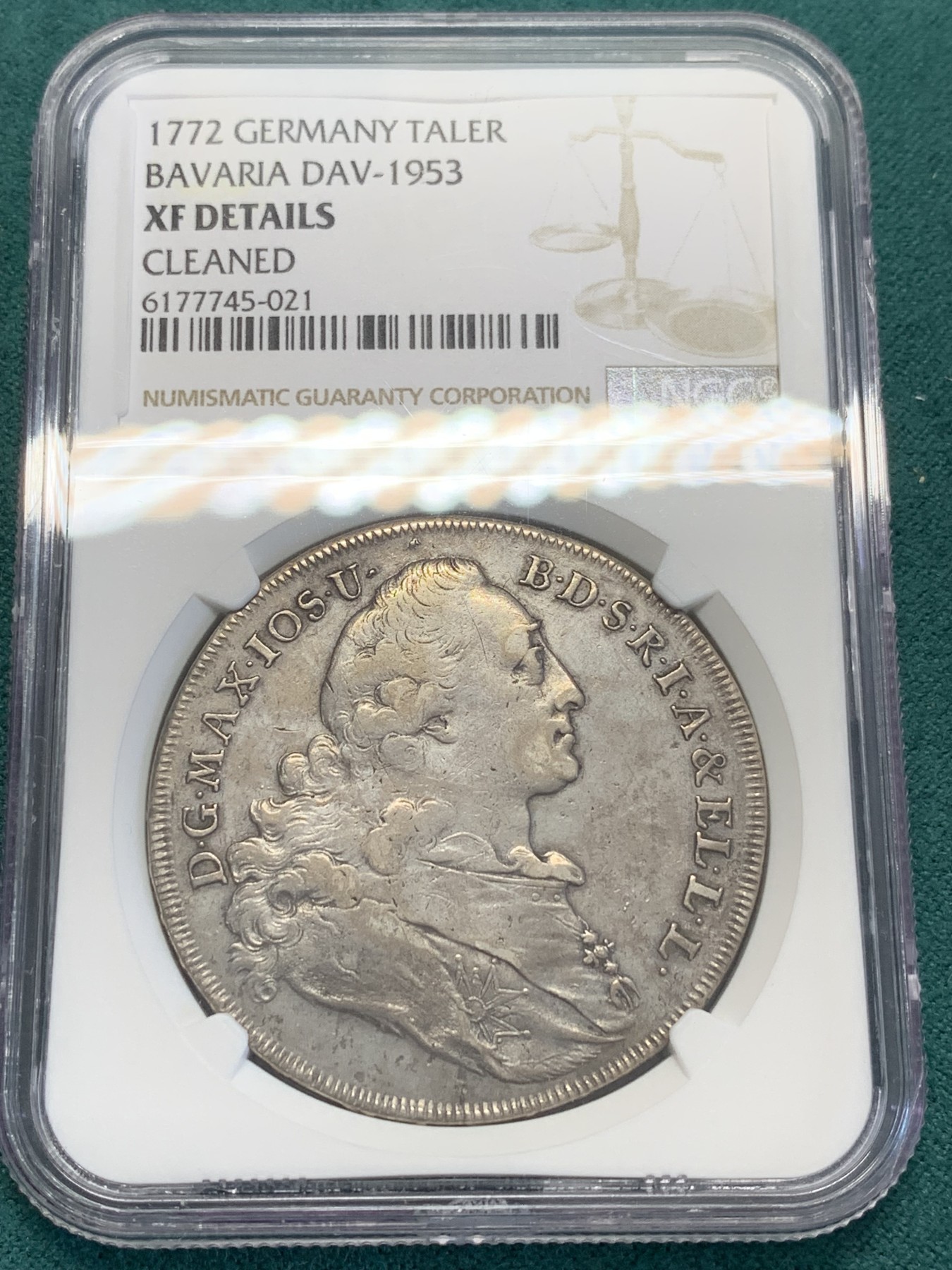 欢迎参加《竞宝斋》为国而庆 老张自藏专场 ，定制纪念章相赠 NGC XF 德国 1772年巴伐利亚 抱婴泰勒大银币 性价比品种 主打一个实惠