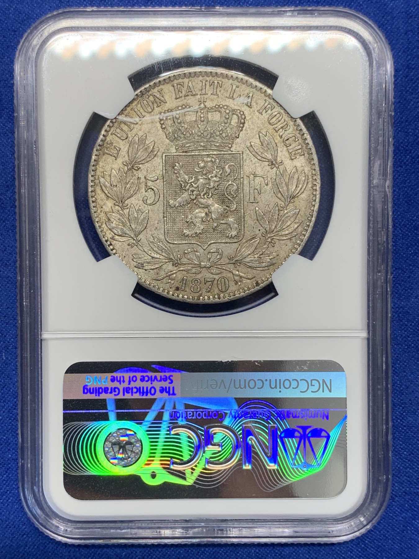 欢迎参加《竞宝斋》为国而庆 老张自藏专场 ，定制纪念章相赠 NGC MS63 比利时 1870年 5法郎银币 不是常见的1873年，63分已经很难遇到了