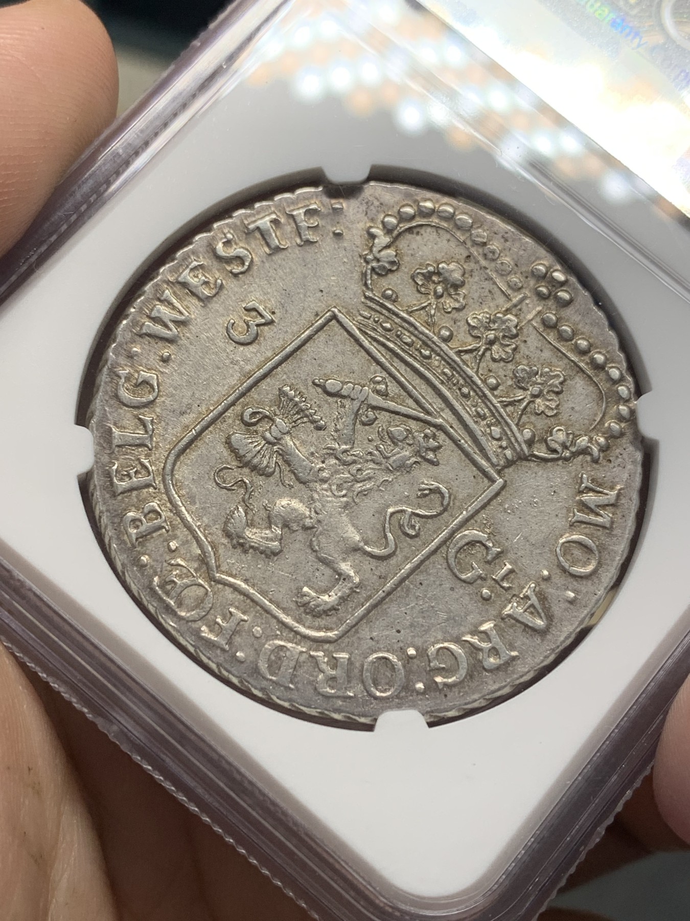 欢迎参加《竞宝斋》为国而庆 老张自藏专场 ，定制纪念章相赠 NGC AU55 荷兰 西弗里斯兰省 1792年 3G 女站人大银币 整体深俊 西弗里斯兰特点便是脸部弱打 独具风味