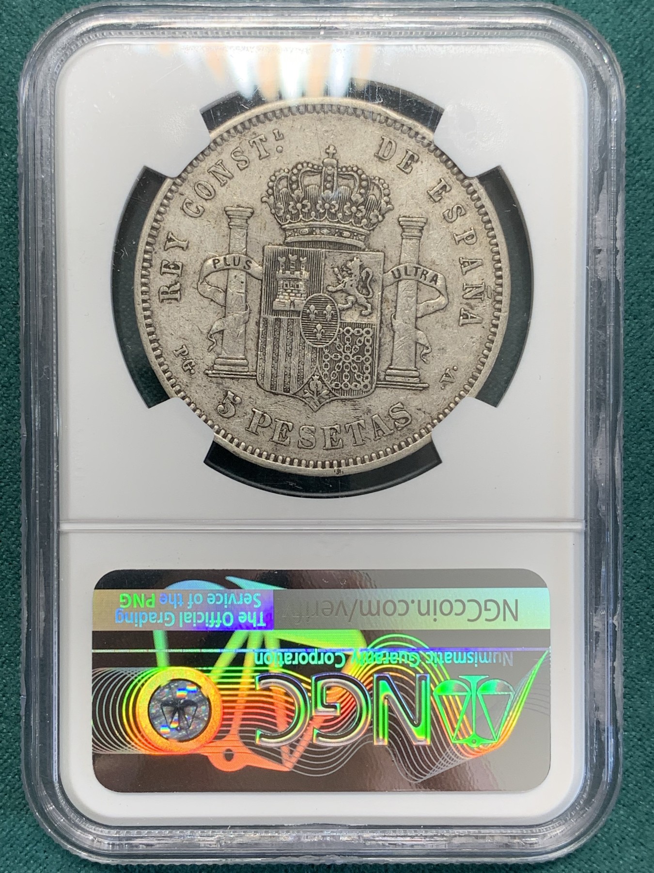 欢迎参加《竞宝斋》为国而庆 老张自藏专场 ，定制纪念章相赠 NGC XF45 西班牙1894年 阿方索十三世 爆炸头5比塞塔 双柱大银币