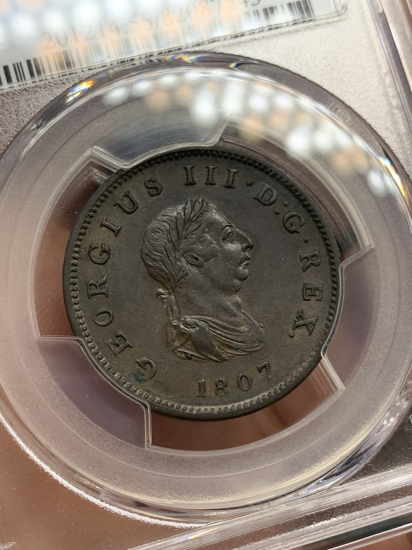 欢迎参加《竞宝斋》为国而庆 老张自藏专场 ，定制纪念章相赠 PCGS AU55 英国1807年乔治三世1/2便士铜币 人物安详精细 包浆好