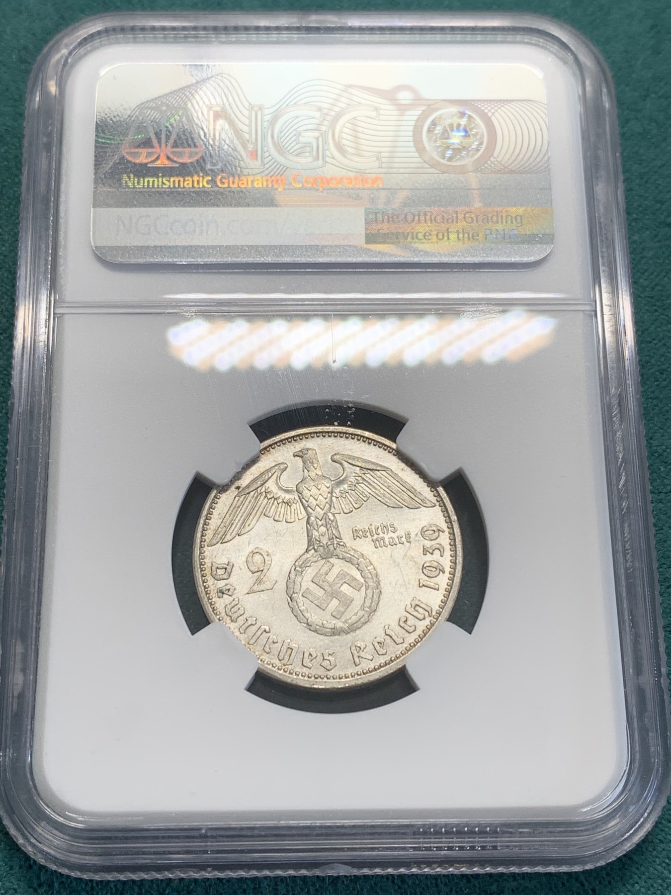 欢迎参加《竞宝斋》为国而庆 老张自藏专场 ，定制纪念章相赠 NGC MS61 德国 1939年 兴登堡 2马克银币