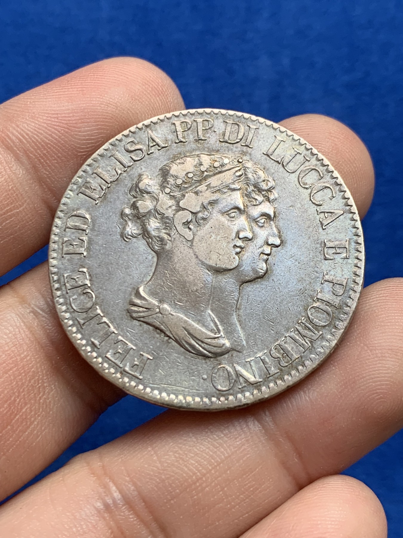 欢迎参加《竞宝斋》为国而庆 老张自藏专场 ，定制纪念章相赠 意大利卢卡1807年 埃莉萨波拿巴 5法郎大银币 传世老包浆 少见品种 非常漂亮