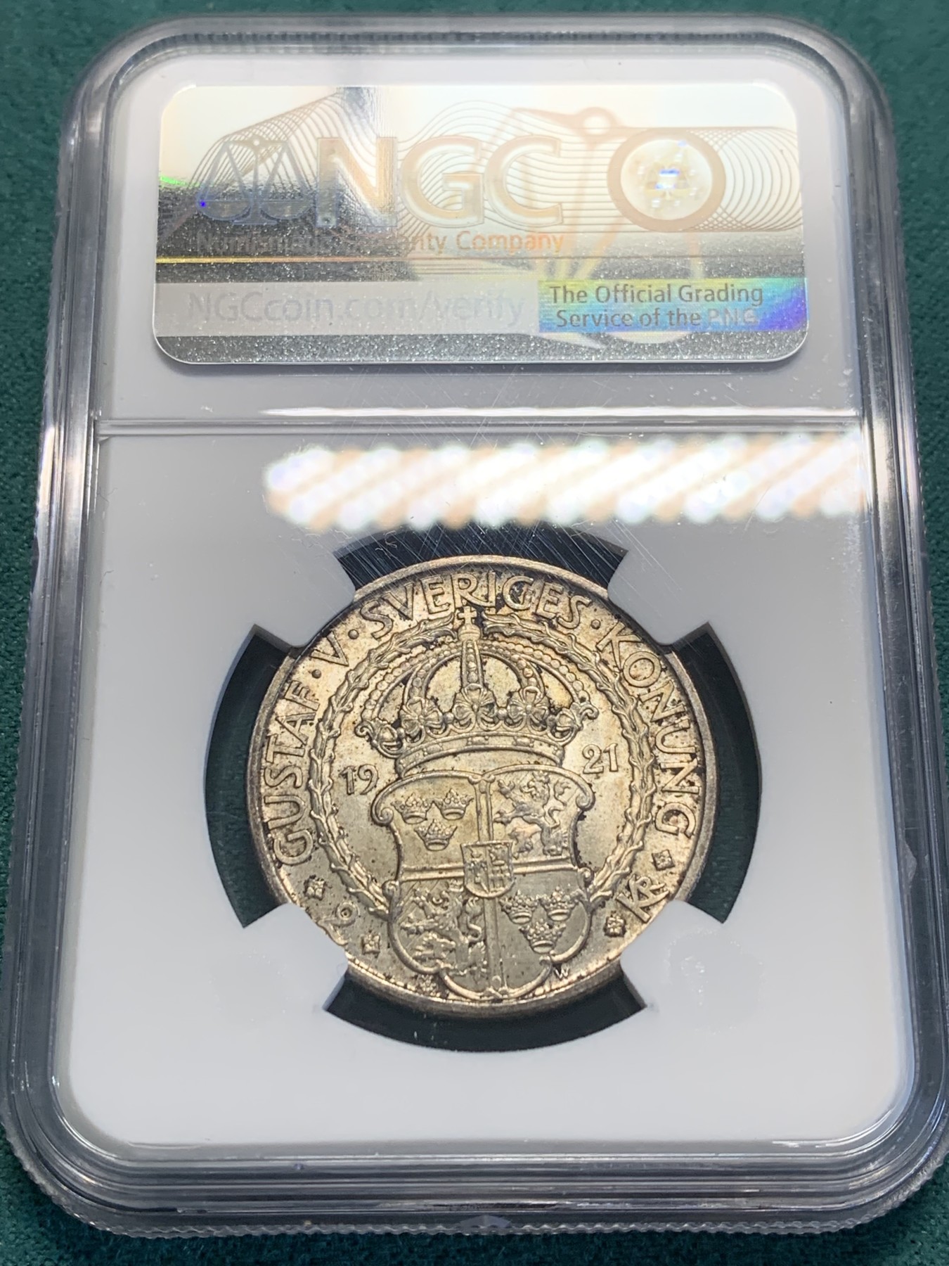 欢迎参加《竞宝斋》为国而庆 老张自藏专场 ，定制纪念章相赠 NGC MS64 瑞典 1921 古斯塔夫瓦萨解放战争 400 周年 2克朗银币