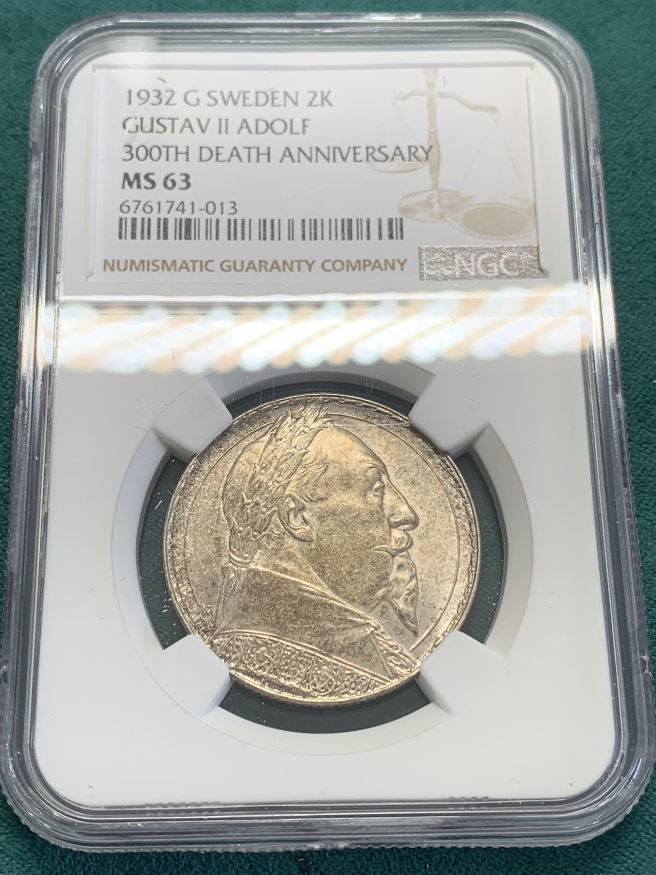 欢迎参加《竞宝斋》为国而庆 老张自藏专场 ，定制纪念章相赠 NGC MS63 瑞典 1932 古斯塔夫二世 300周年纪念 2克朗银币 林德伯格 雕刻作品，他同样是诺贝尔奖章的雕刻师