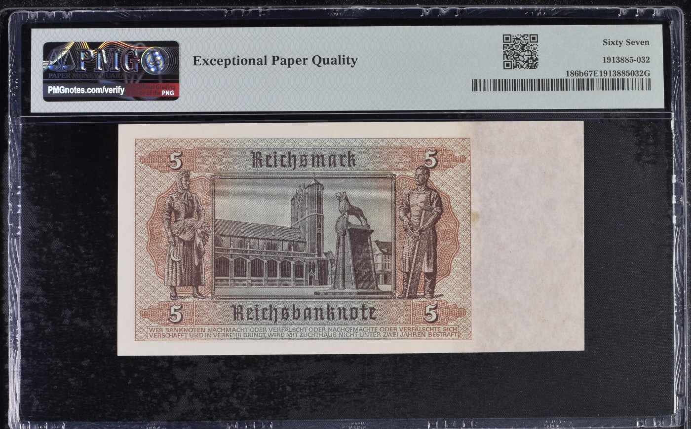 收藏联盟Quantum Auction 第294期拍卖 巴哈马彩背女王珍品 德国1942年5马克 PMG67 号码无457