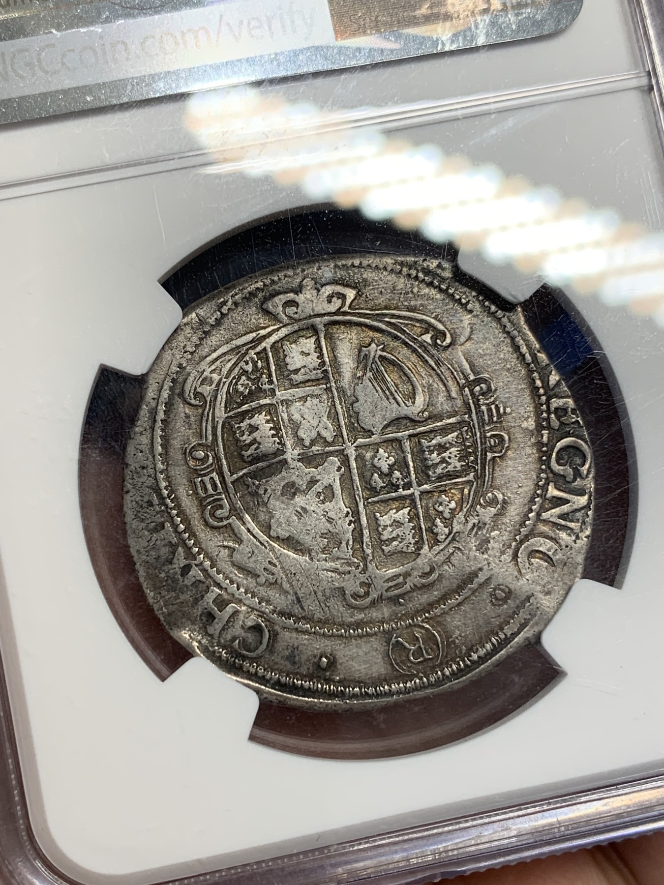 欢迎参加《竞宝斋》为国而庆 老张自藏专场 ，定制纪念章相赠 NGC XF45 英国 1644-45年 查理一世 半克朗银币 稀少品种 S-2778版 不可错过的品种