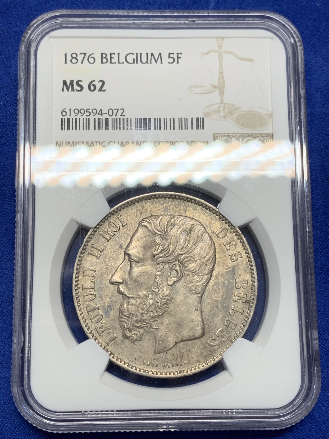 欢迎参加《竞宝斋》为国而庆 老张自藏专场 ，定制纪念章相赠 NGC MS62 比利时 1876年 5法郎银币 不多的年份 原味包浆 难得
