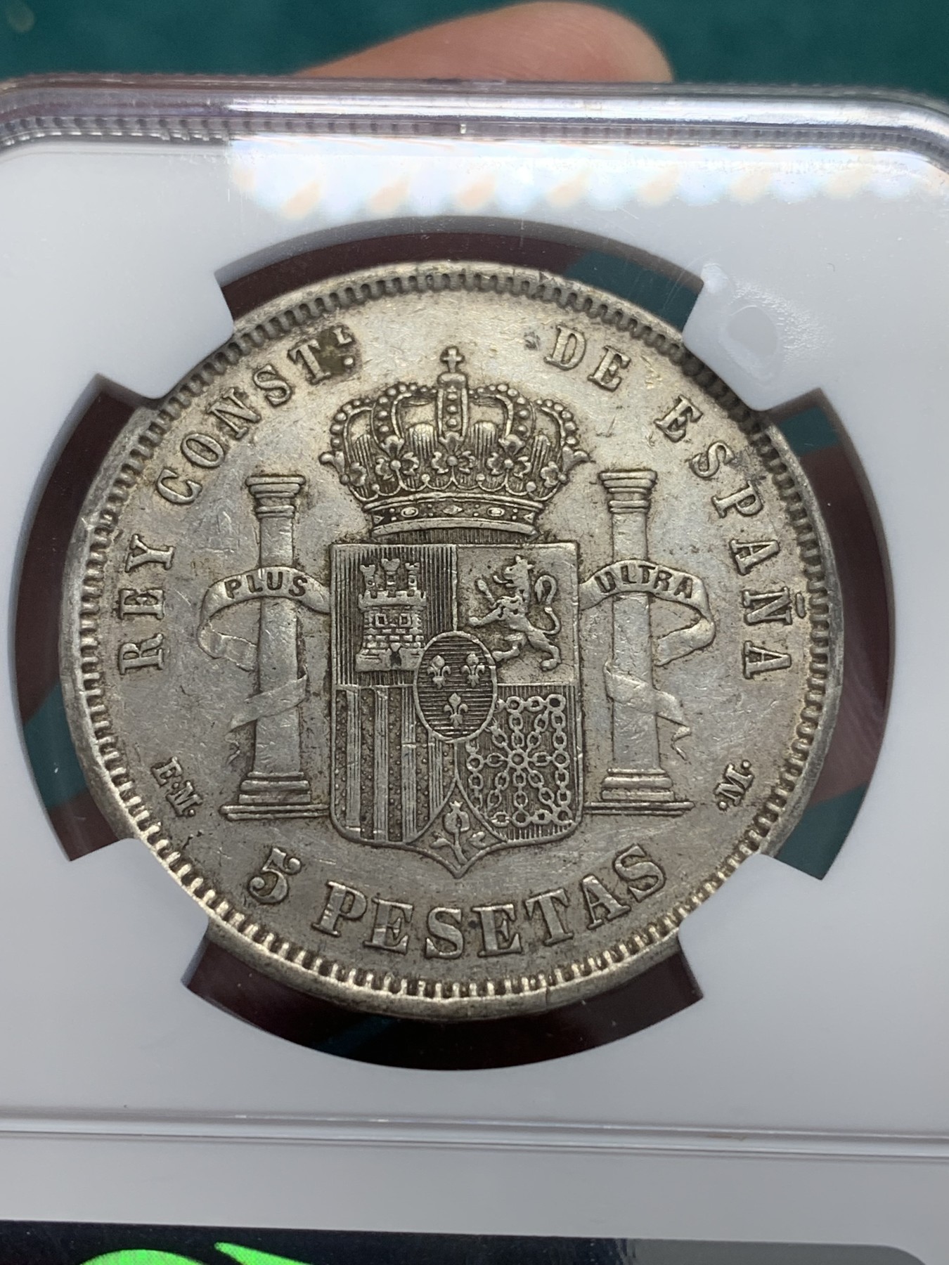 欢迎参加《竞宝斋》为国而庆 老张自藏专场 ，定制纪念章相赠 NGC XF45 西班牙 1878年 阿方索十二世 5比塞塔银币 原味包浆带底光