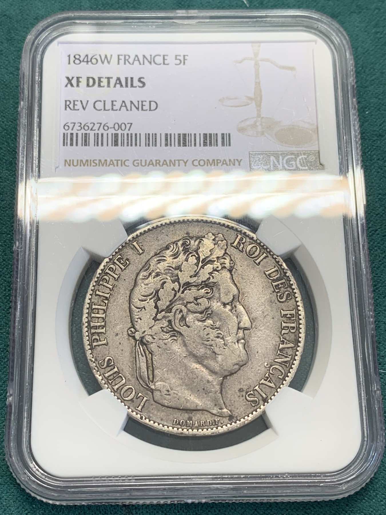 欢迎参加《竞宝斋》为国而庆 老张自藏专场 ，定制纪念章相赠 NGC XF 法国 1846 W版 菲利普 5法郎银币 原味包浆 自然流通 可以有分的