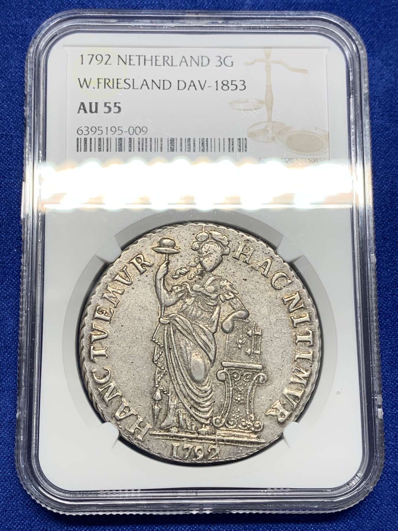 欢迎参加《竞宝斋》为国而庆 老张自藏专场 ，定制纪念章相赠 NGC AU55 荷兰 西弗里斯兰省 1792年 3G 女站人大银币 整体深俊 西弗里斯兰特点便是脸部弱打 独具风味