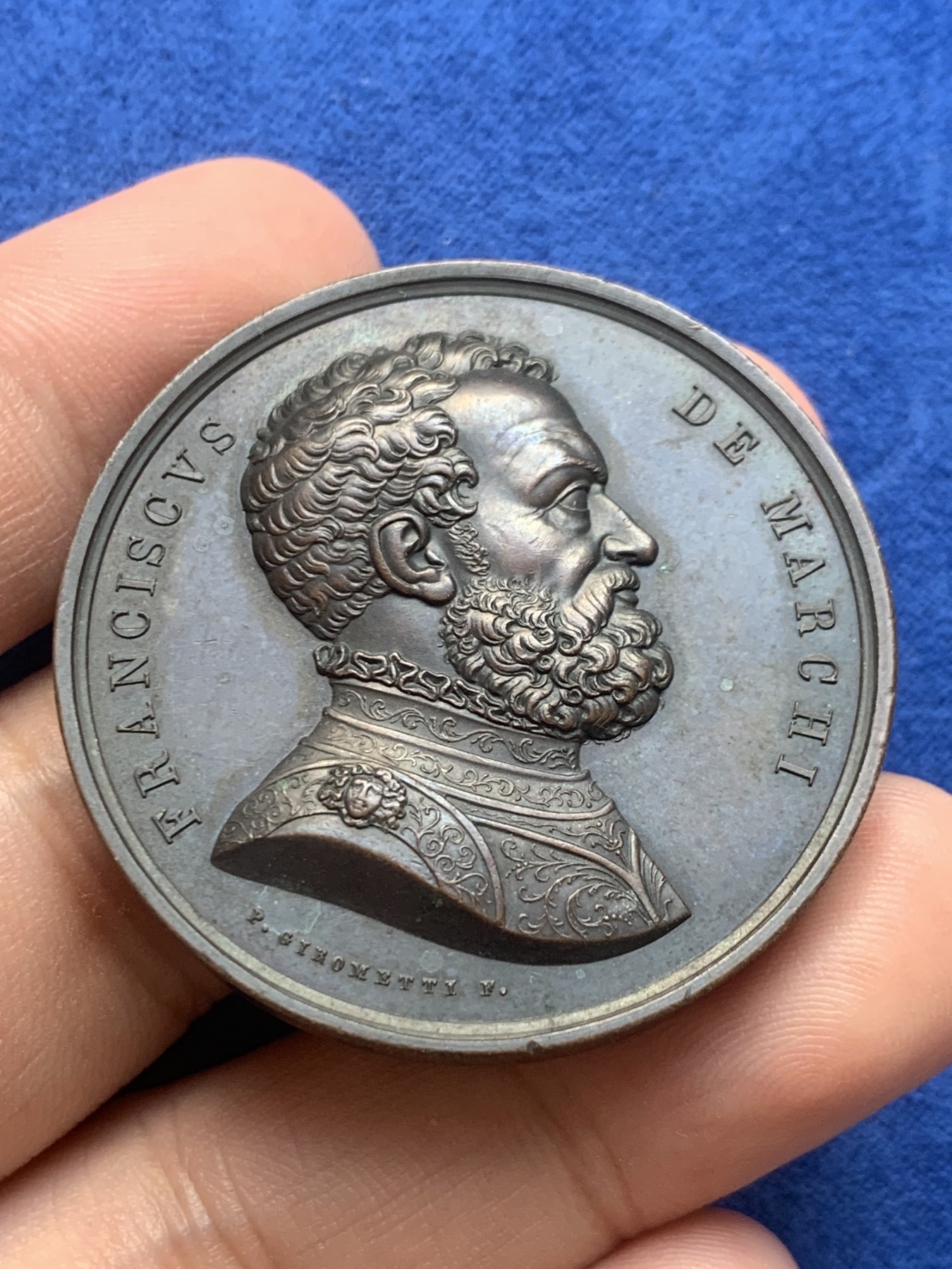 欢迎参加《竞宝斋》为国而庆 老张自藏专场 ，定制纪念章相赠 意大利 Girometti与Cerbara 作品 1850左右制作 大铜章9枚一组 单枚重量约49克41.6mm 巧克力包浆高浮雕 意大利的少见