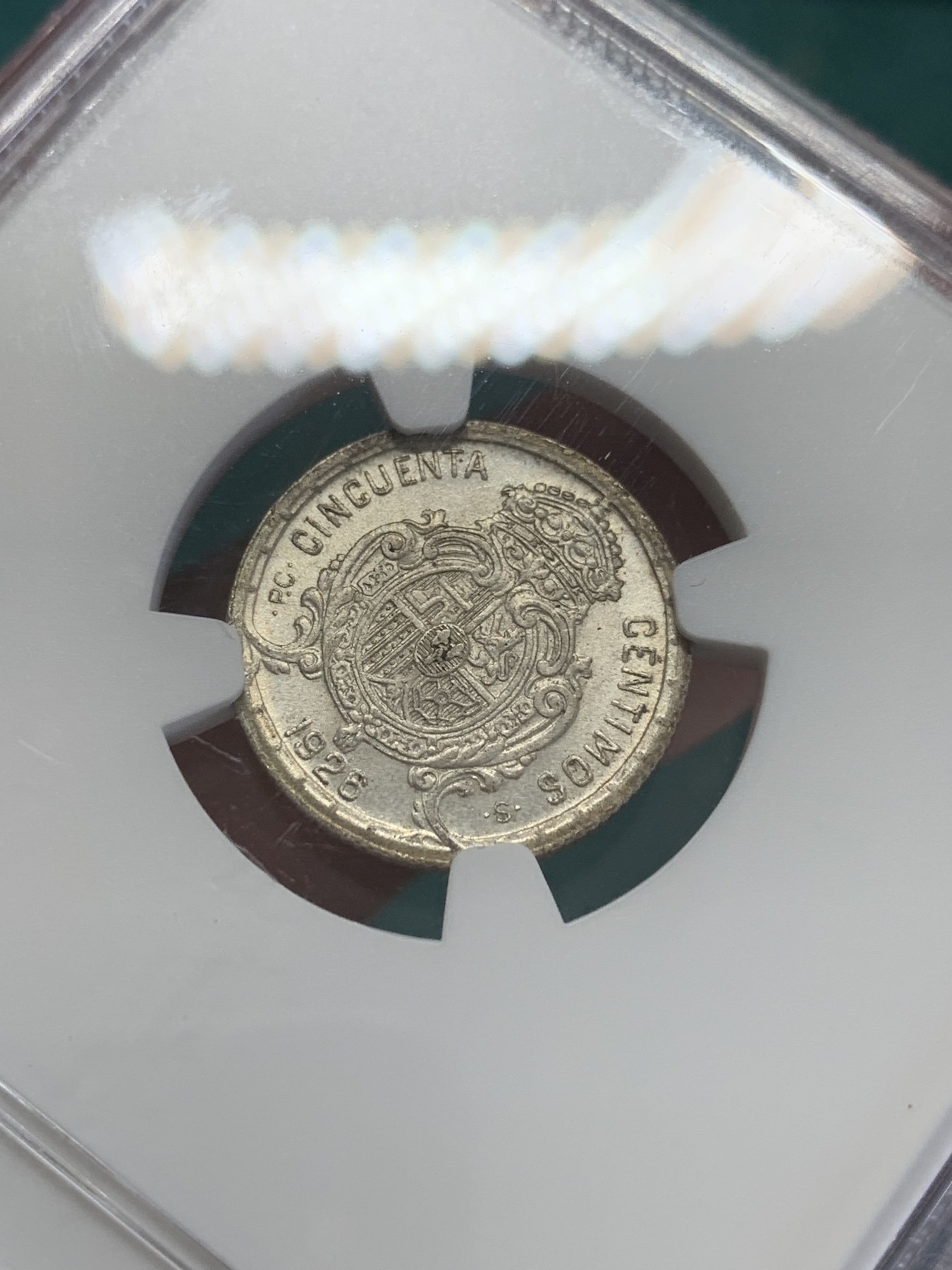 欢迎参加《竞宝斋》为国而庆 老张自藏专场 ，定制纪念章相赠 NGC MS63 西班牙  1926年 阿方索十三世 50分银币