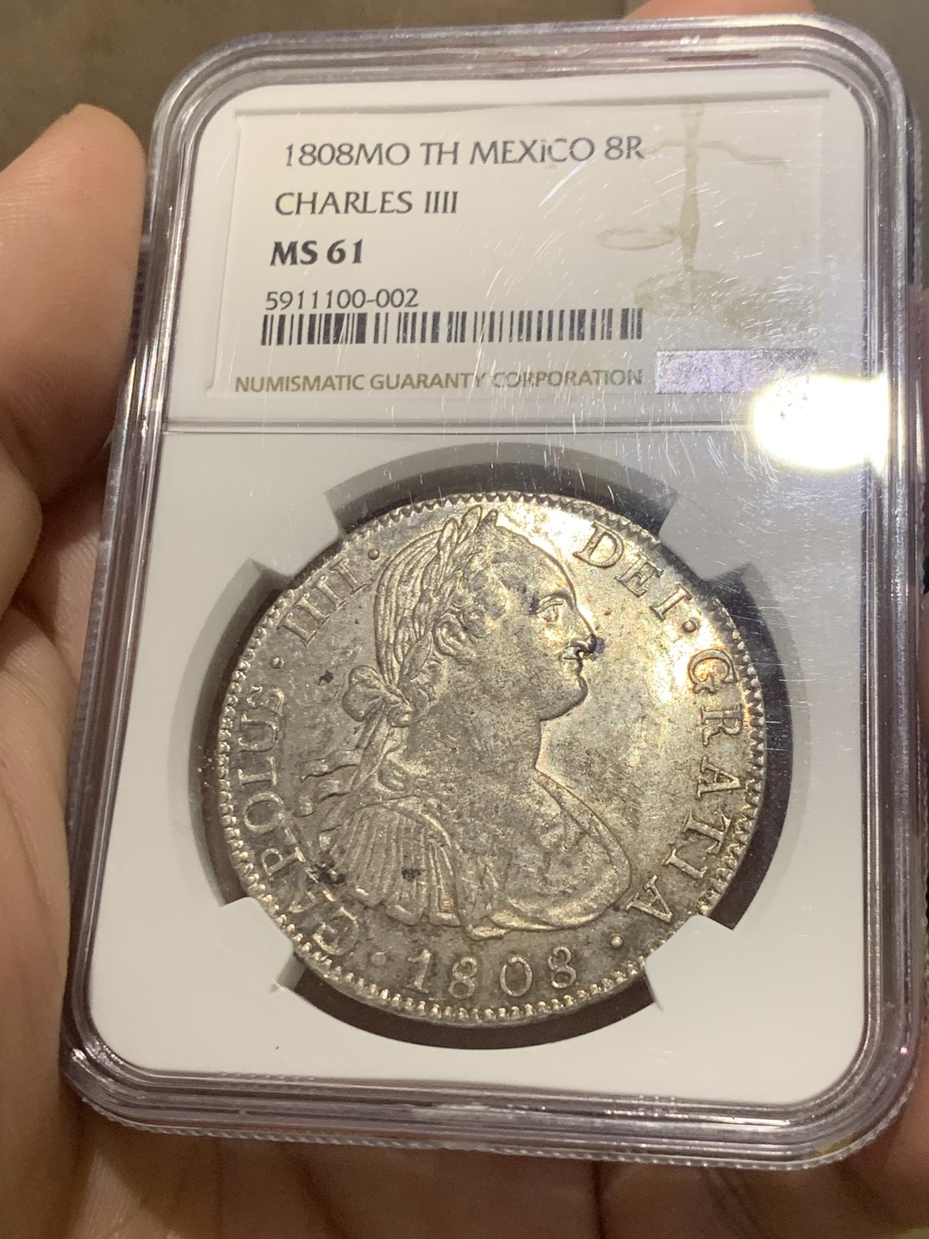 欢迎参加《竞宝斋》为国而庆 老张自藏专场 ，定制纪念章相赠 NGC MS61 墨西哥 1808年 卡四 8R 双柱大银币 双面深打 底光底板都非常好