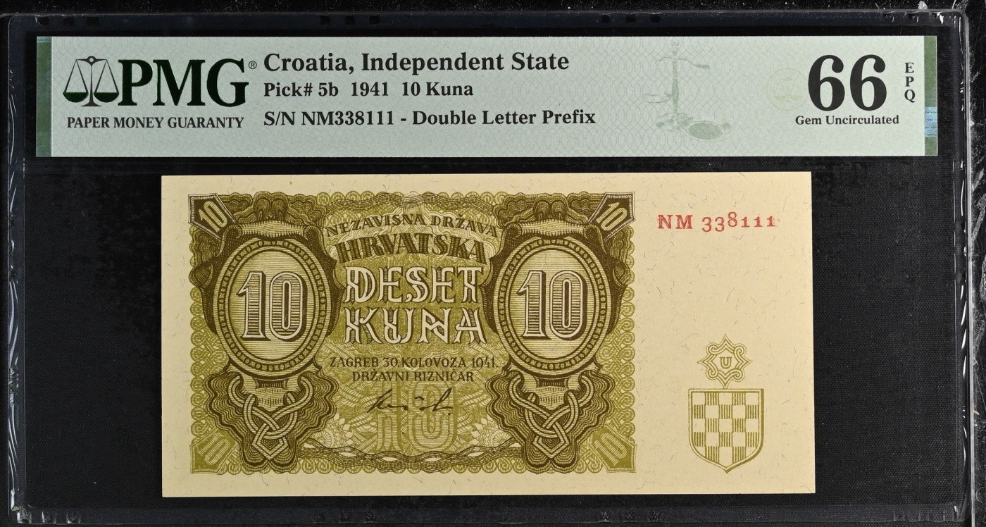 乐淘淘纸币粉丝返利场 第22期 本店粉丝每张纸币返利五元！ 【NM338111】克罗地亚1941年纸币 10库纳 豹子号111 PMG66EPQ 亚军分（冠军分仅一张）