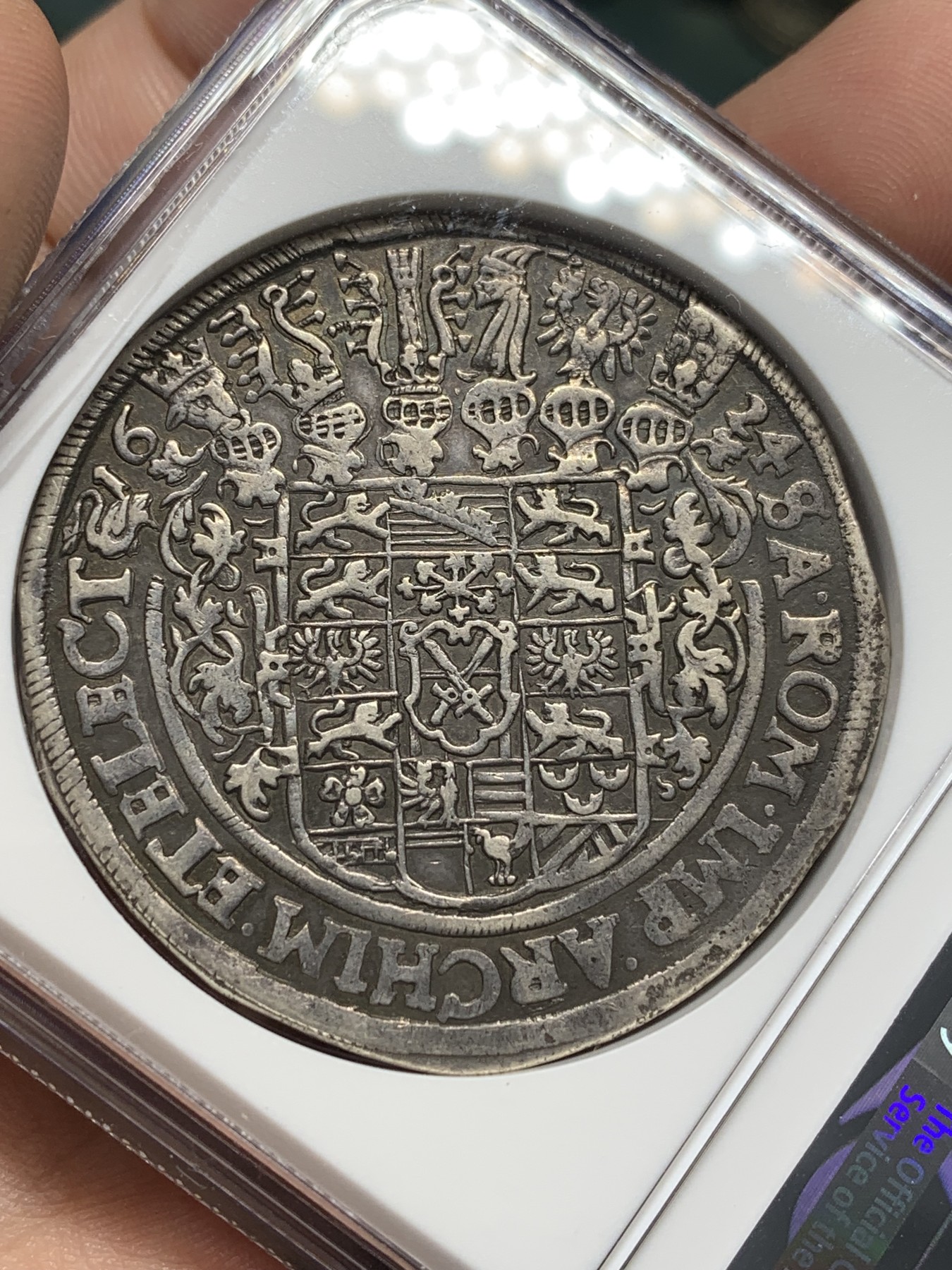 欢迎参加《竞宝斋》为国而庆 老张自藏专场 ，定制纪念章相赠 NGC XF40 德国 1624年 萨克森  武士泰勒 大银币 细节好 全深打 一见欢喜的状态