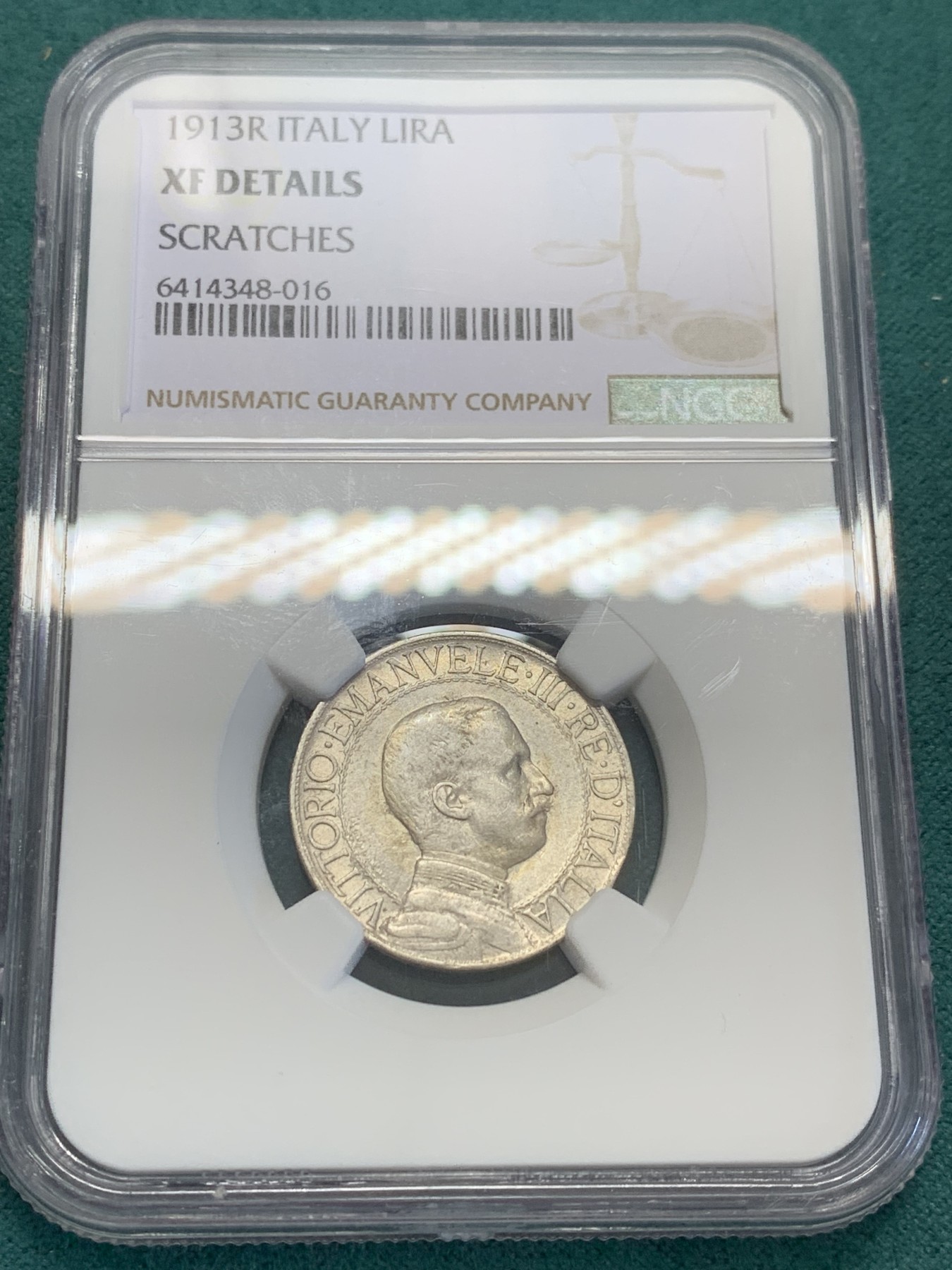 欢迎参加《竞宝斋》为国而庆 老张自藏专场 ，定制纪念章相赠 NGC XF 意大利 1913年 圈版 1里拉 马车银币 随缘