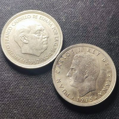 231003专场 - 保真外币 西班牙5比塞塔版别一组2枚硬币 按图发货110108