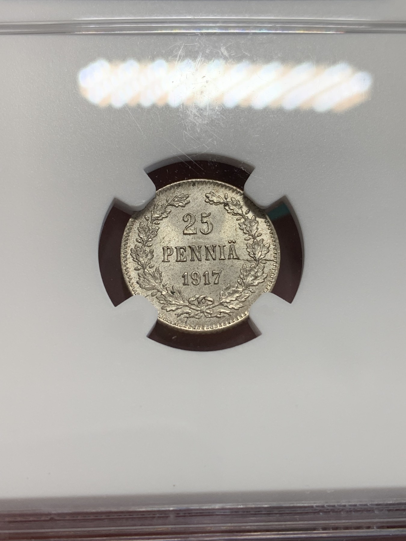 欢迎参加《竞宝斋》为国而庆 老张自藏专场 ，定制纪念章相赠 NGC-MS64 俄属芬兰 1917 尼古拉二世、克伦斯基临时政府 25P银币 细节极好